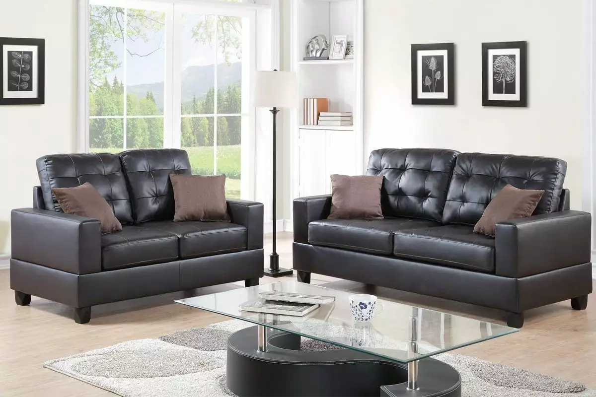 2Pcs Modern Espresso Faux Leather Sofa Loveseat with Accent Tufting and Light Stitching