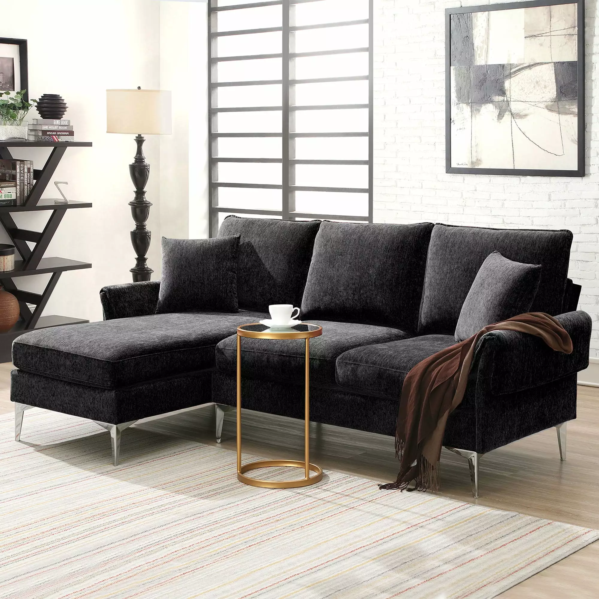 84 Convertible Sectional Sofa.Modern Chenille L-Shaped Sofa Couch with Reversible Chaise Lounge.Living Room Sofa Set with 2 Pillows.Fit for Living Room/Apartment.Black