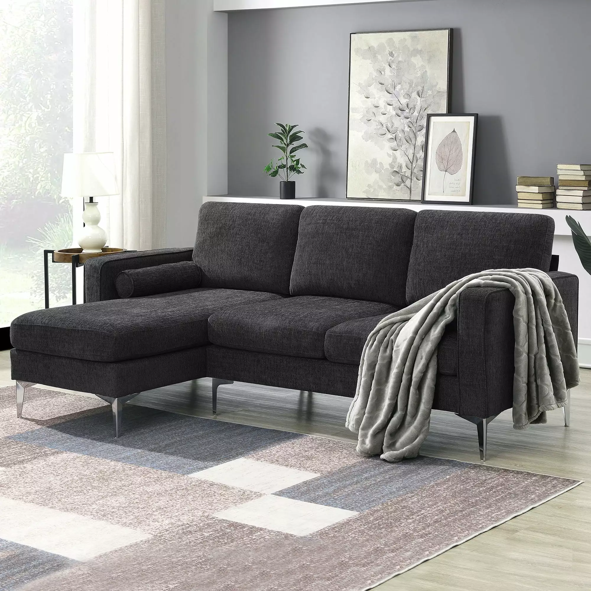 [VIDEO provided] [New]86 Convertible Sectional Sofa. Modern Chenille Fabric Sectional Sofa. L-Shaped Couch 3-Seat Sofa Sectional with Reversible Chaise (2 Pillows)