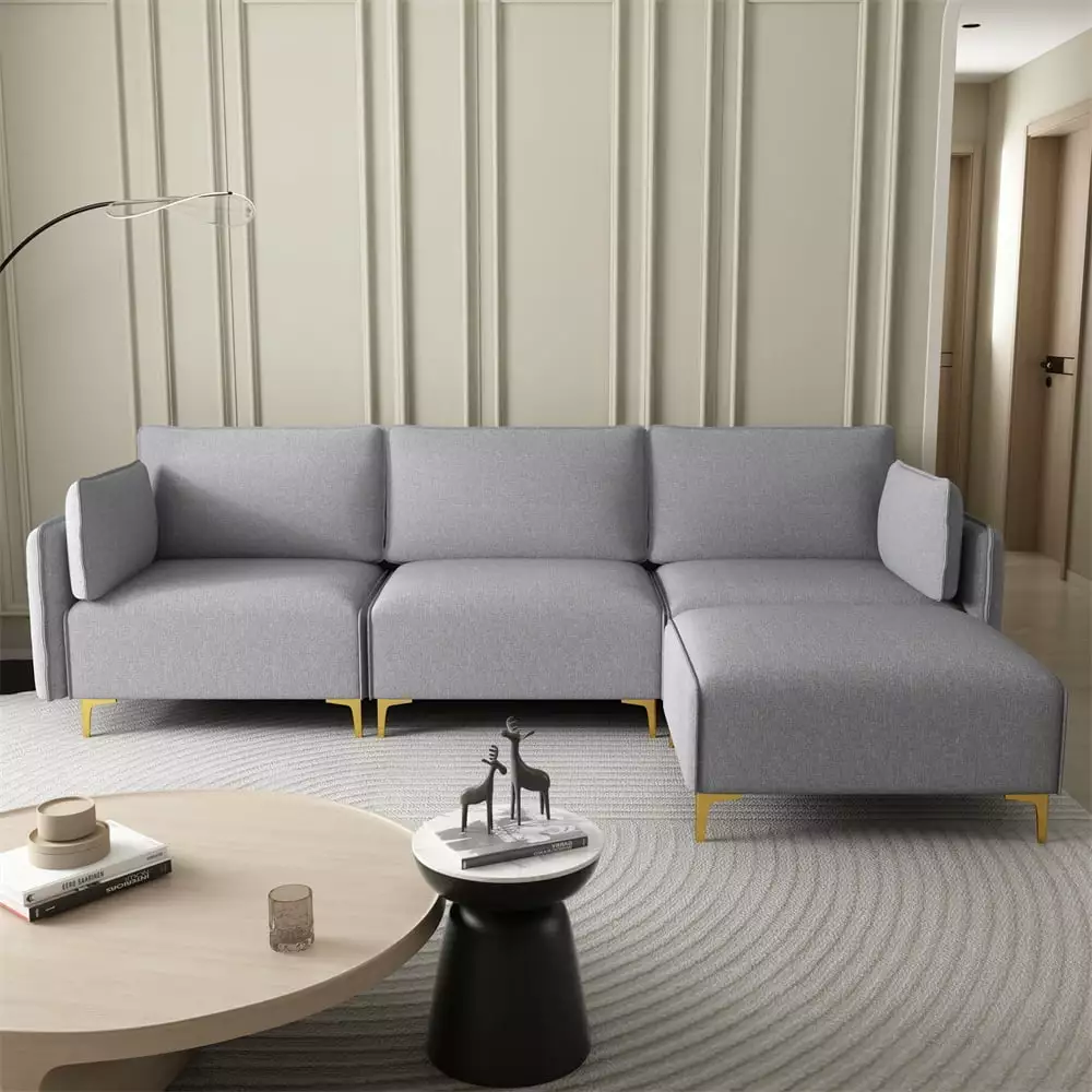 L-Shaped Sectional Sofa. Modern Upholstered Sofa Couch with Charging Socket and Padded Cushion Back. Convertible Modular Sofa with Metal Legs for Living Room Dorm. Gray