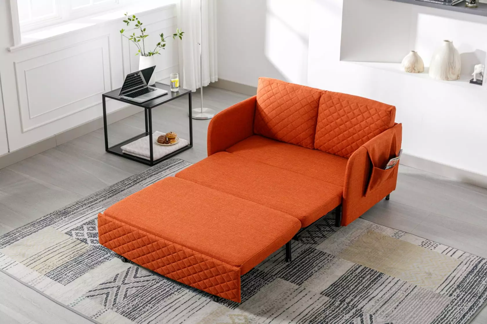 Convertible Sleeper Sofa Bed. Modern Futon Sofa Bed with Headboard. 2 Back Pillows & Side Pockets. Loveseat Couch with Pull Out Bed for Living Room Apartment Office. Orange