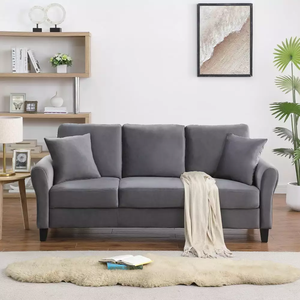 78 Velvet Sofa Couch.Upholstered Tufted Sofa with 2 Pillows.3 Seater Sofa with Padded Seat Cushion & Backrest.Small Sofa with Plastic Legs for Living Room. Bedroom. Office. Apartment.Gray