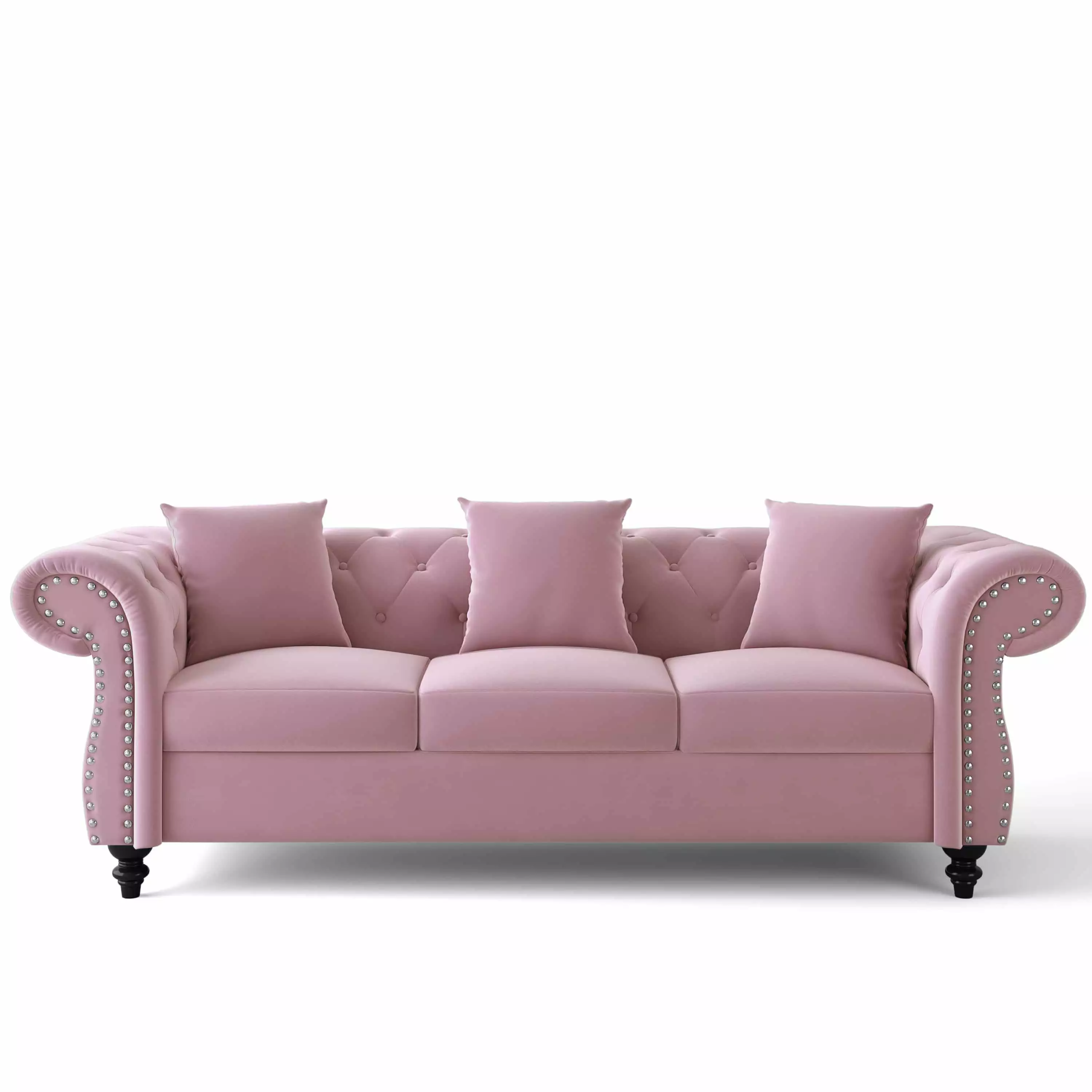 Furntsy Tufted Chesterfield Velvet Upholstered Sofa with Nailhead Decoration. Pink