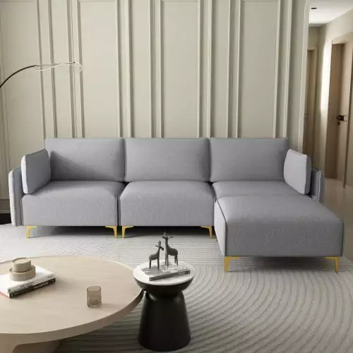 108.6 Sectional Sofa with Ottoman. L-Shaped Convertible Lounge Sofa Couch with USB Charging Socket. Side Pocket and Gold Metal Legs. Modular Sofa Couch for Living Room Apartment. Grey