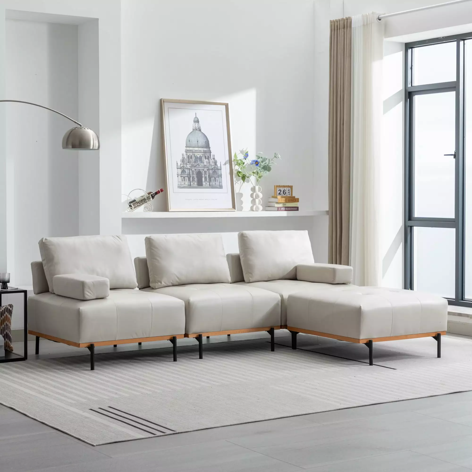 100.7'' L-Shape Sectional Sofa 3-Seater Couches with a Removable Ottoman. Comfortable Fabric for Living Room. Apartment. Beige