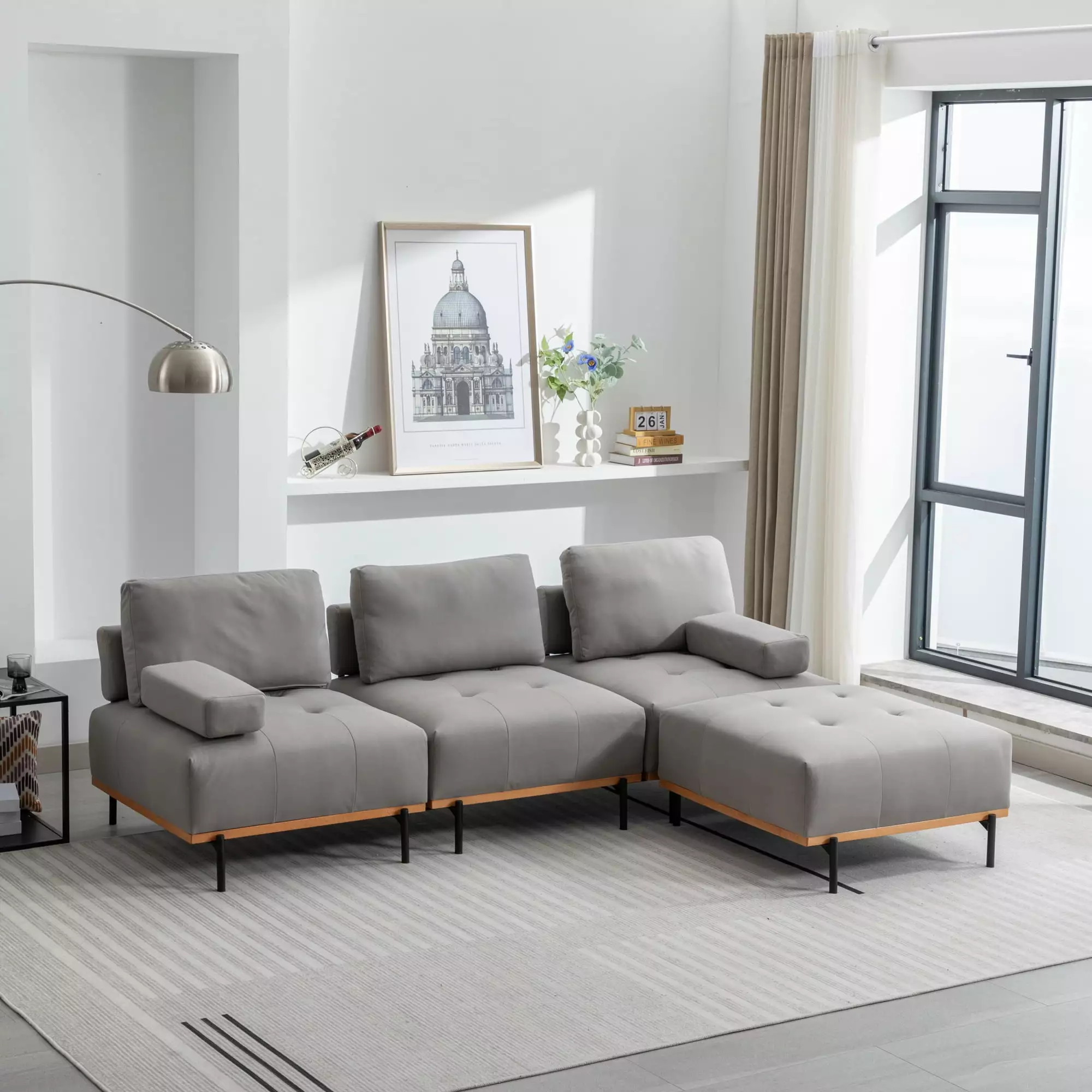 100.7'' L-Shape Sectional Sofa 3-Seater Couches with a Removable Ottoman. Comfortable Fabric for Living Room. Apartment. Grey