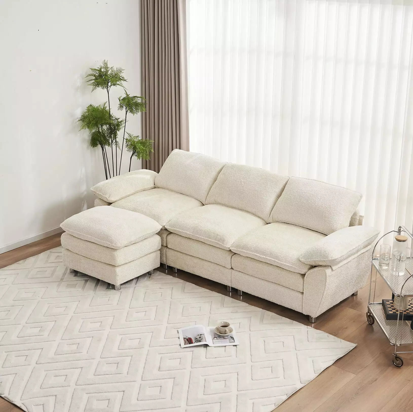 100'' Home Sectional Sofa. Modern Deep Seat Sofa Couch with Ottoman & Double Cushion. Comfy Sofa Sleeper for Living Room. Apartment. Studio. Office. White