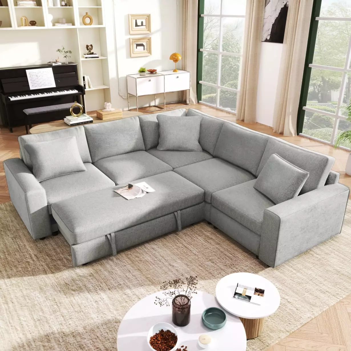 100 Modular Sectional Sofa with Pull Out Bed. L Shaped Sleeper Sofa Couch with Thick Backrest and Seat Cushions. Convertible Sectional Couches for Living Room. Gray