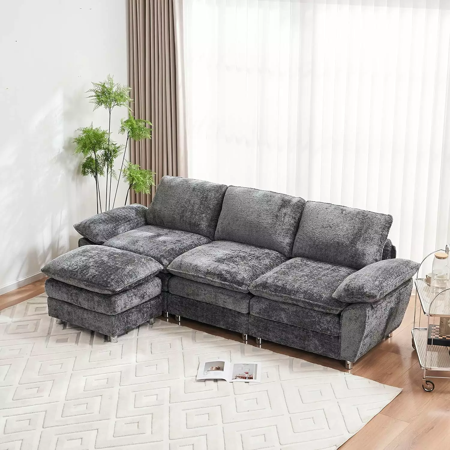 101.6 Sectional Couches for Living Room. Modern Convertible Upholstered Comfy Sleeper Sofa with Ottoman. Sofa Sectionals for Living Room. Apartment. Office. Dark Grey