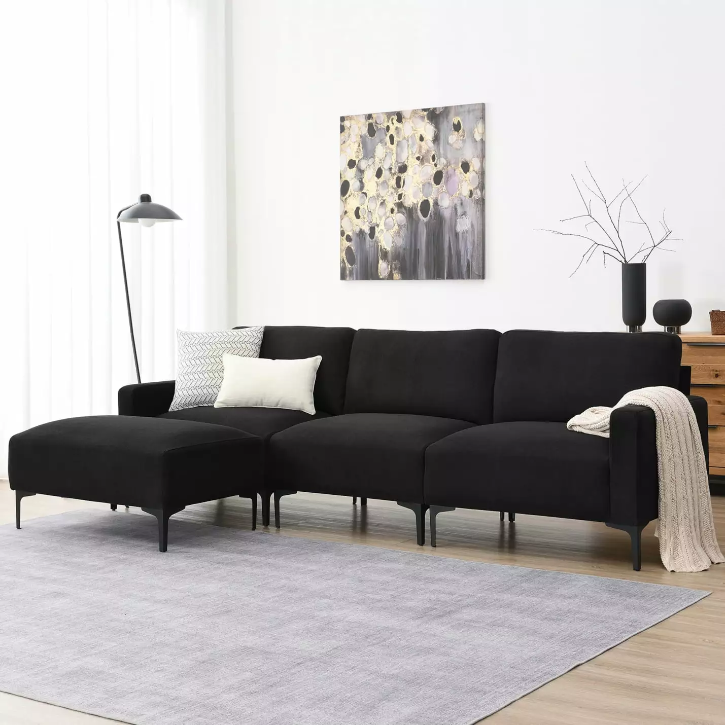 103.5 L-Shaped Sectional Sofa with Chaise Lounge. 4-Seat Velvet Couch Set with Convertible Ottoman. Freely Combinable Sofa Set for Living Room. Apartment. Office. Apartment. Black