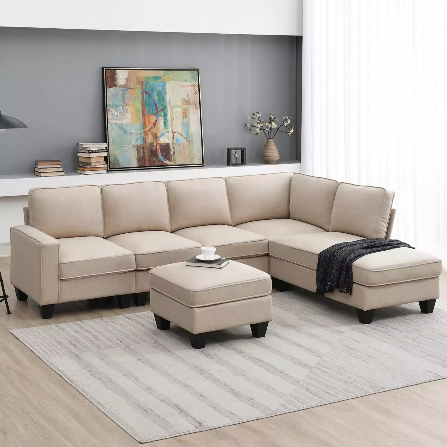 104.3L-shaped Sectional Sofa with Convertible Ottoman. 7-seat Linen Fabric Couch Set with Chaise. Modern U Shaped Combination Couch for Living Room Apartment Office. Khaki