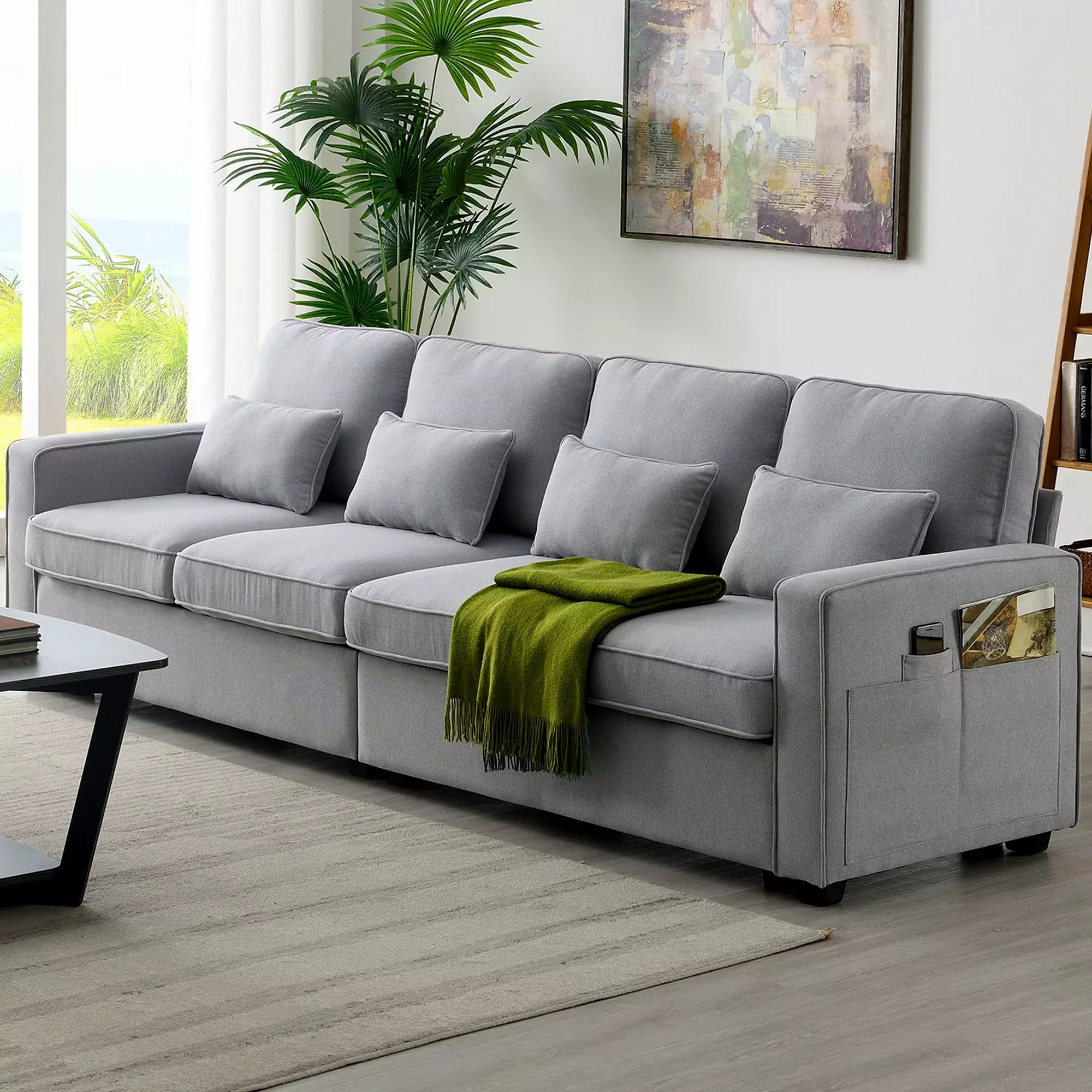 104 4-Seater Modern Linen Fabric Sofa with Armrest Pockets and 4 Pillows. Minimalist Style Couch for Living Room. Apartment. Office. Available in 3 Colors