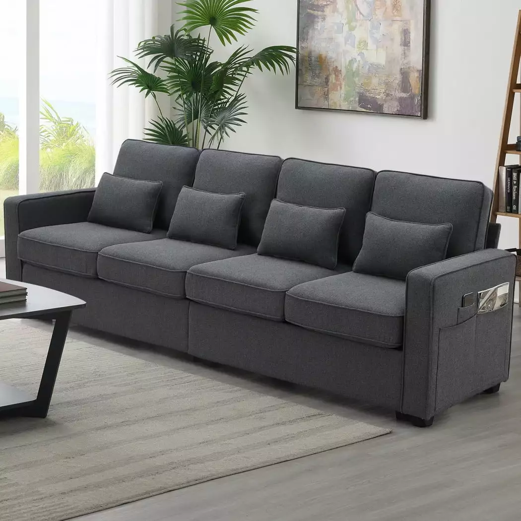 104 4-Seater Modular Sectional Sofa. Upholstered Sleeper Sofa Couch with Armrest Pockets and 4 Pillows.Comfy Minimalist Style Couch for Living Room. Apartment. Office. Living Room.Dark Grey