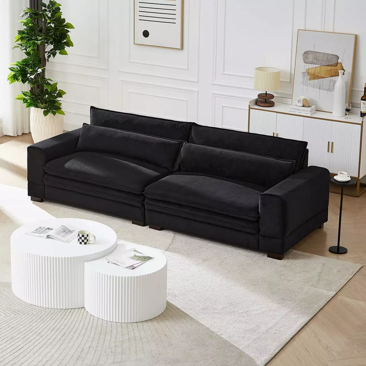 104.7 Velvet Loveseat Sofa Couch. 2 Seater Sofa with Deep Seat and Padded Cushions. Oversized Accent Sofa with Solid Wood Legs for Living Room. Apartment. Studio. Office. Matt Black