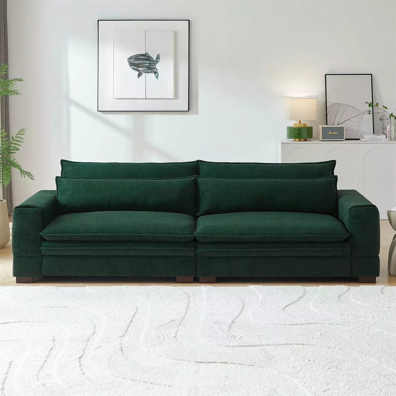 104.72'' Mid-Century Modern Sofa . 4 Seat Couch With 2 Pillows. Double Cushions and Solid Wood Leg. Fabric Upholstered Loveseat Sofa For Livingroom Apartment Office