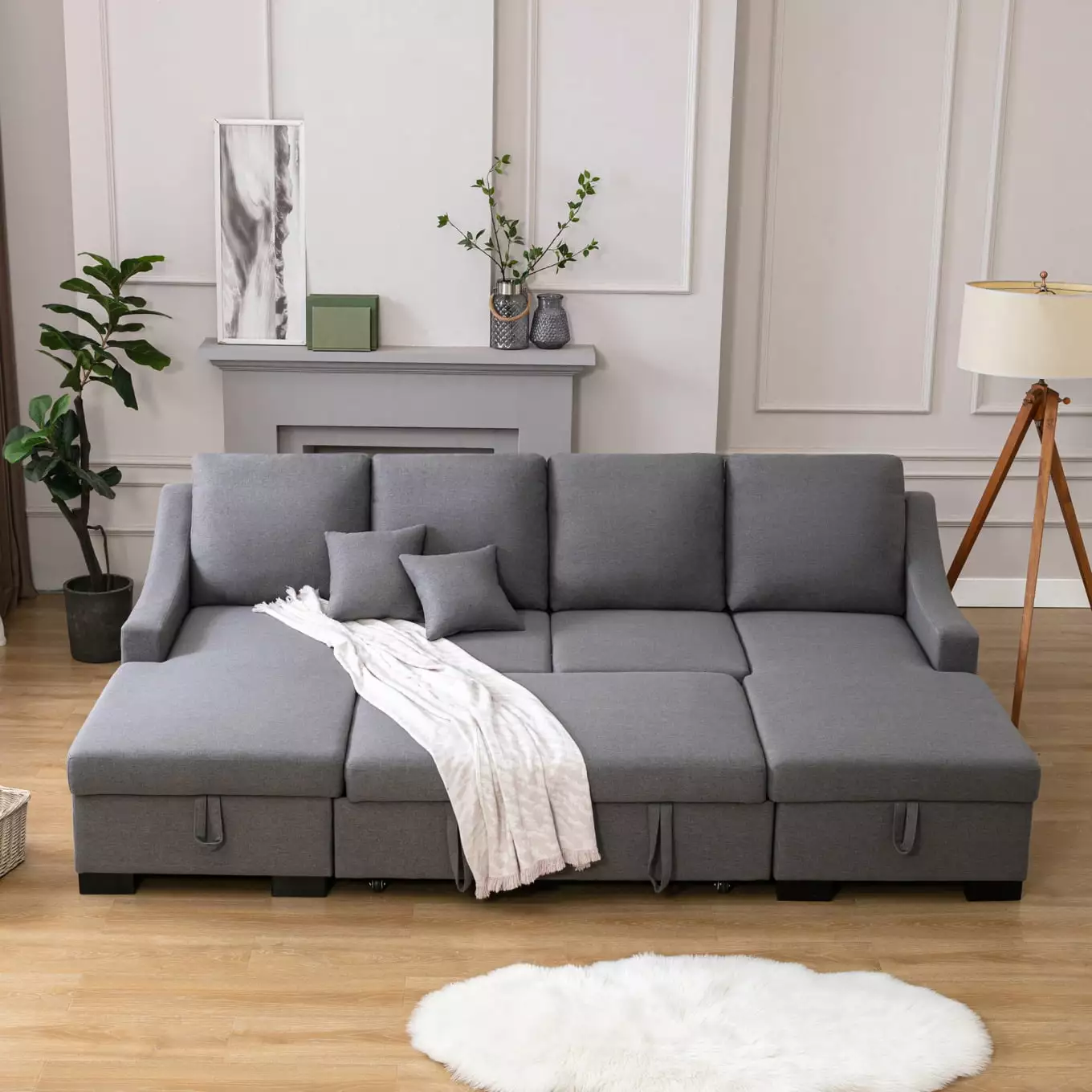 104W U-Shaped Sleeper Sectional Sofa Couch with Double Storage Chaises and 2 Pillows. Linen Upholstery Sofa Couch with Pull Out Sleep Sofabed. 6-seat Sofa Set for Living Room Apartment Office. Grey