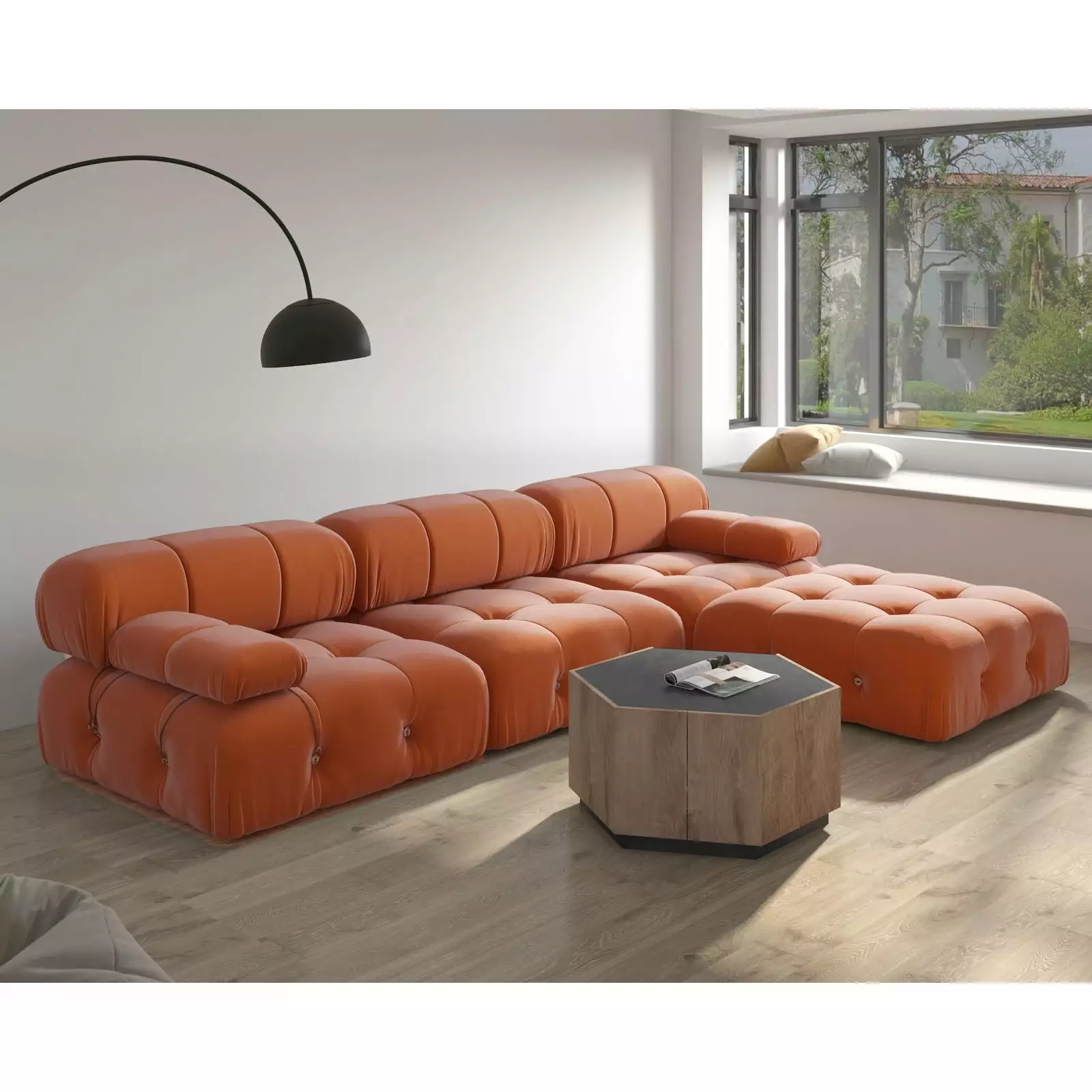 104 Wide Velvet Reversible Modular Sofa & Chaise with Ottoman Orange