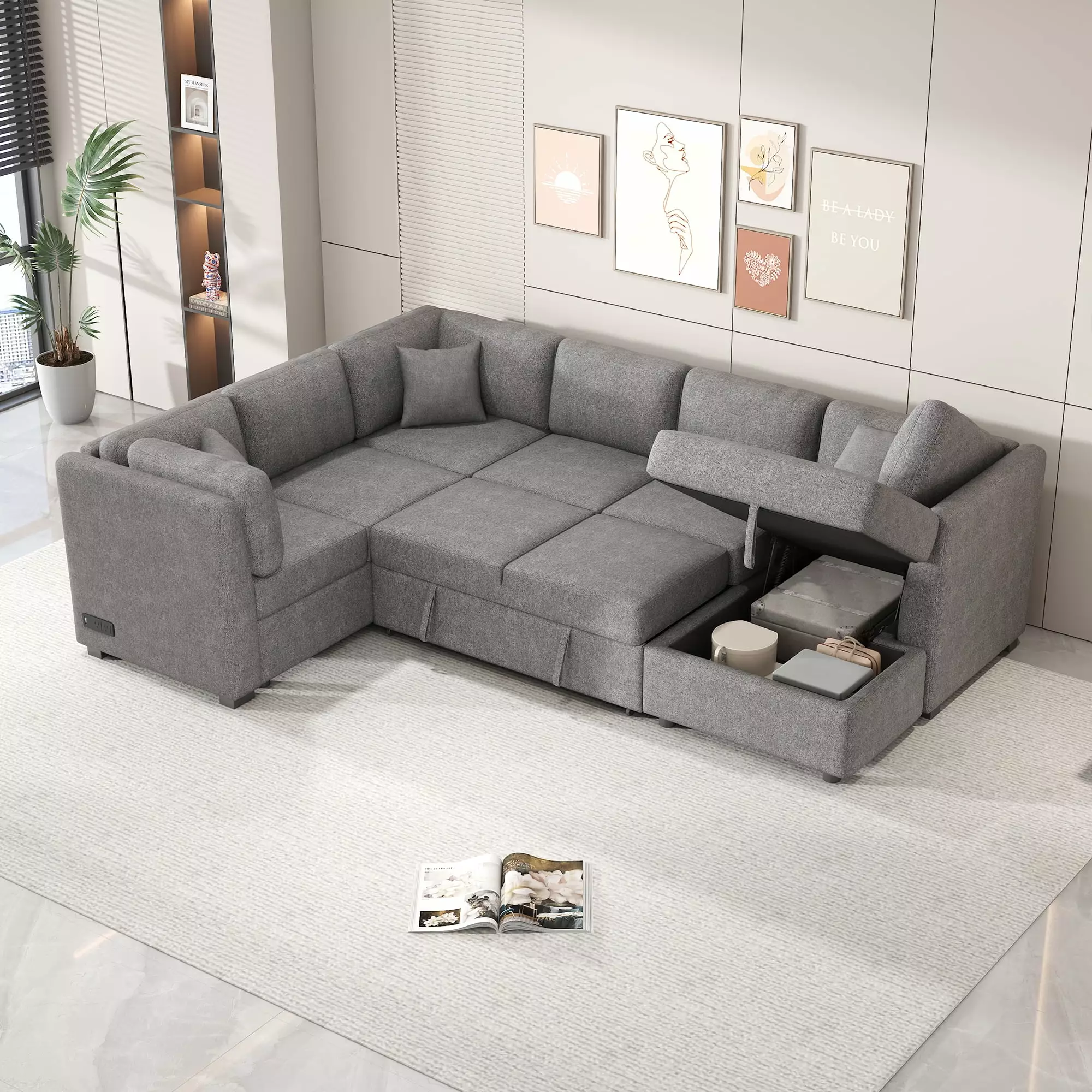 108.6 U-shaped Sectional Sofa Pull out Sofa Bed with Two USB Ports. Two Power Sockets. Three Back Pillows and a Storage Chaise for Living Room. Light Gray