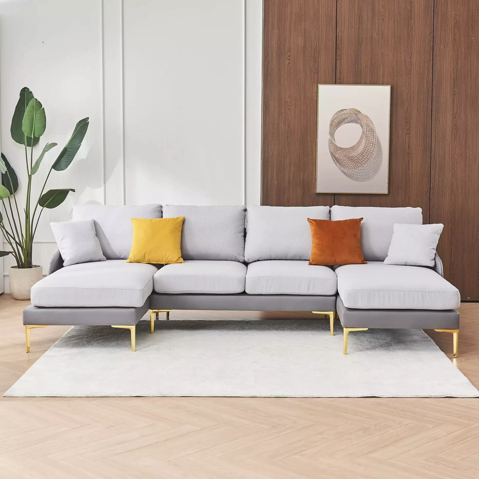 108 U-Shape Sectional Sofa Set. Modern Linen Fabric Color Matching Segmented Sofa. Lounge Chair with Golden Legs for Living Room. Small Spaces. Double Grey