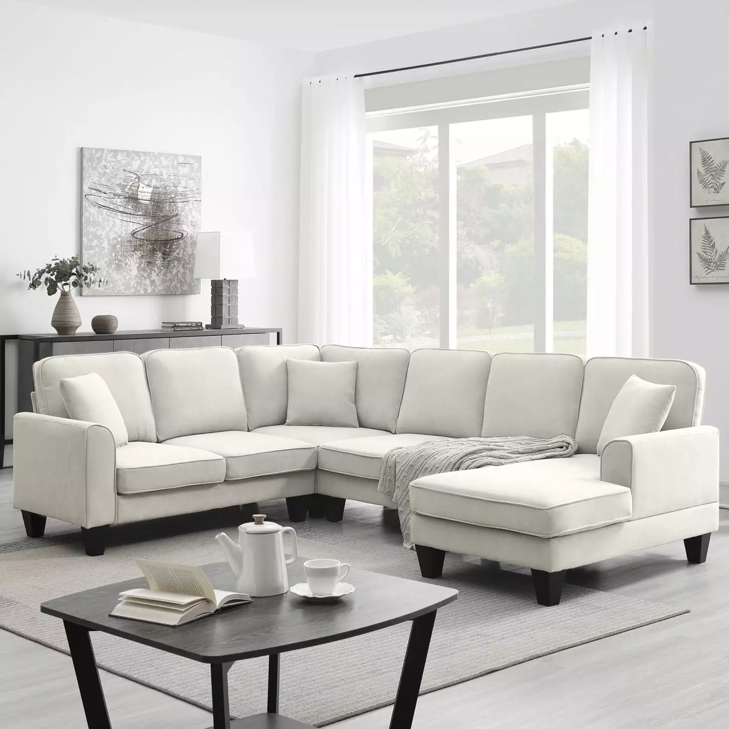 108W Modern Sectional Couch. U Shaped Couch with Loveseat. 3 Seat Couch and Chaise Lounge. Comfy 7 Seat Beige Couch for Living Room. Bedroom. 330LBS/Seat Weight Capacity