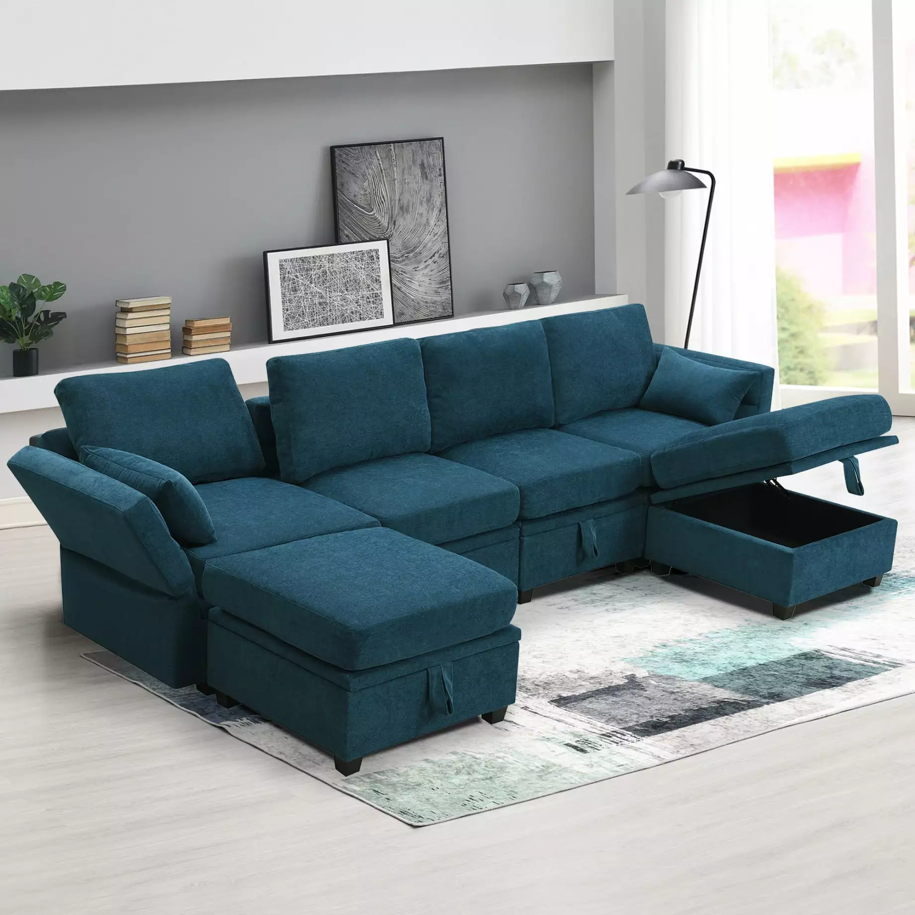 109*54.7 Chenille Modular Sectional Sofa. U Shaped Convertible Sofa Couch with Tufted Back Cushion and Storage Seat. 6-Seat Reversible Couch Bed with Ottoman for Living Room.Office.Blue