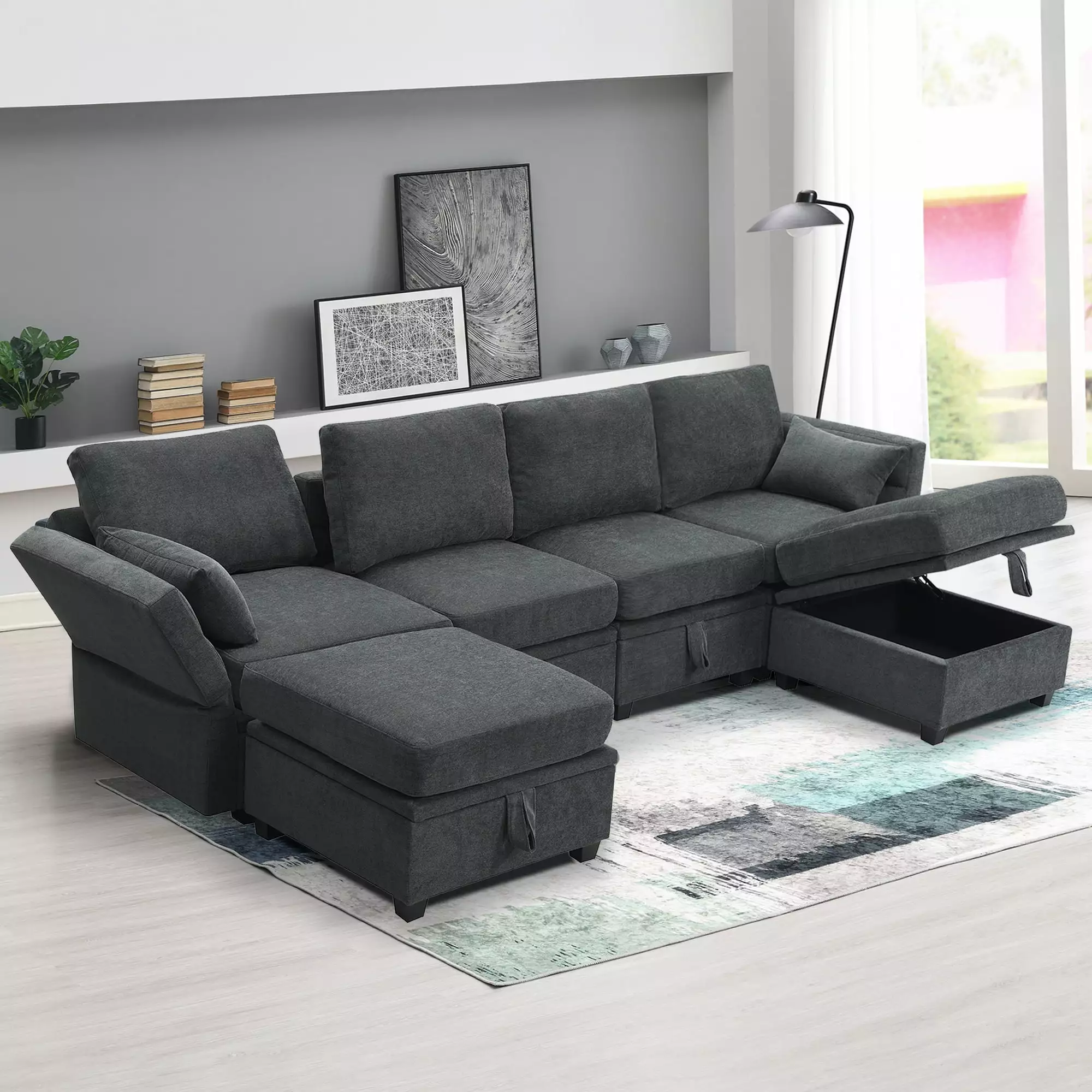 109*54.7 Chenille Modular Sectional Sofa.U Shaped Couch with Adjustable Armrests and Backrests.6 Seat Reversible Sofa Bed with Storage Seats for Living Room. Apartment