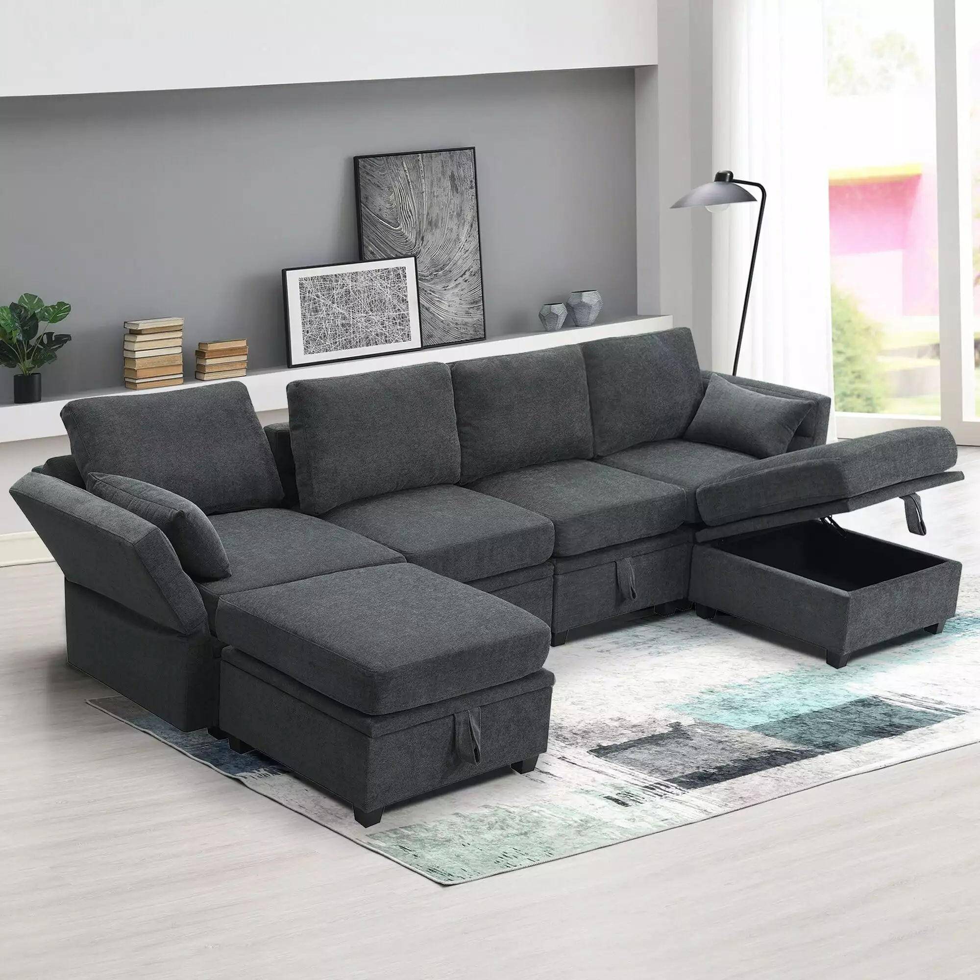 109*54.7 Chenille Modular Sectional Sofa.U Shaped Couch with Adjustable Armrests.6 Seat Reversible Sofa Bed with Storage Seats Grey