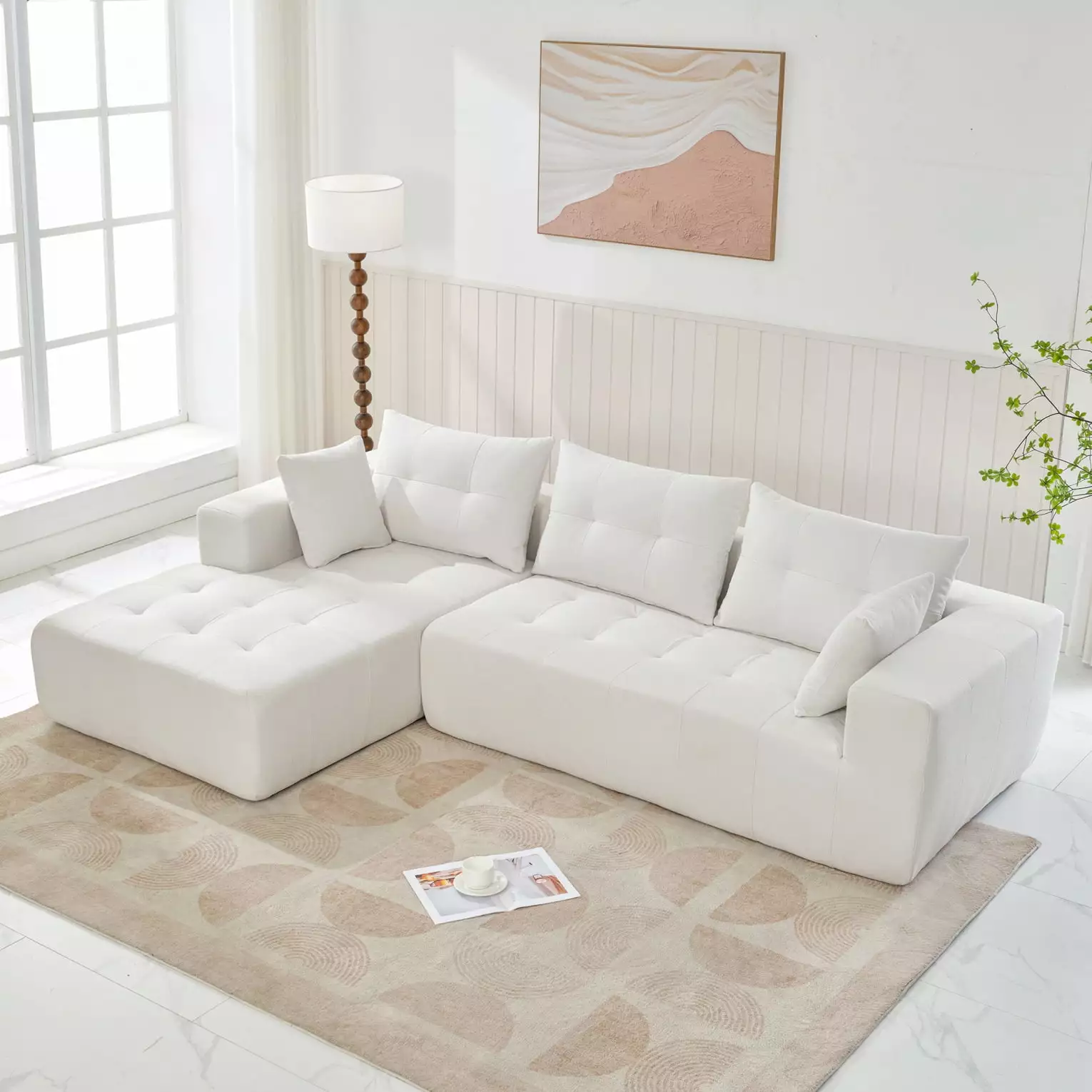 109*70 Modular Sectional Sofa. Upholstered Installation-free Sofa with 2 PC Free Combination. L-Shape Sleeper Sofa Couch for Living Room Bedroom. White