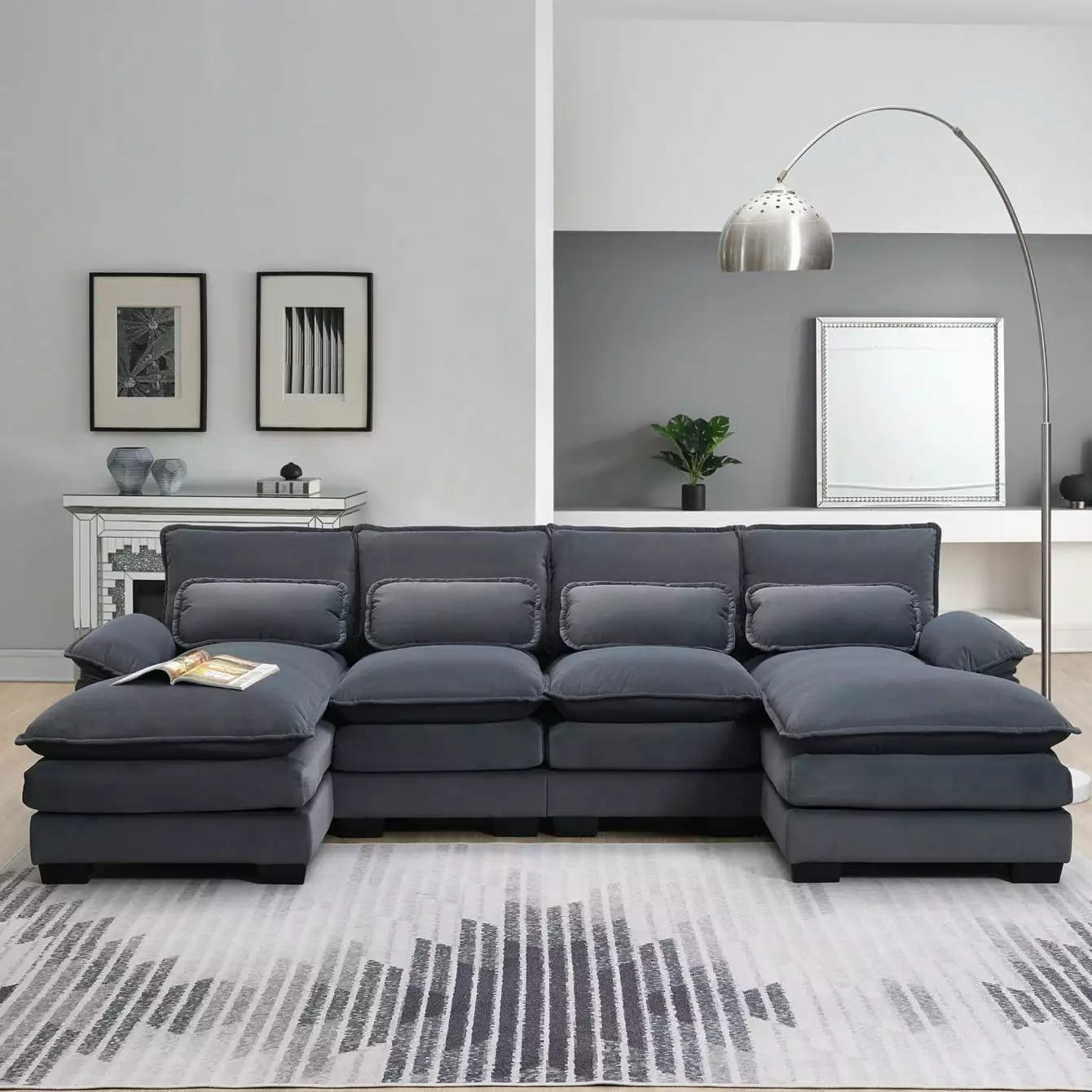 109.8 Modular Sectional Sofa. U-Shaped Sofa Couch with Double Chaise Lounge & Double Cushion. 6-seat Upholstered Symmetrical Sofa with Pillows for Living Room(Velvet-Gray)