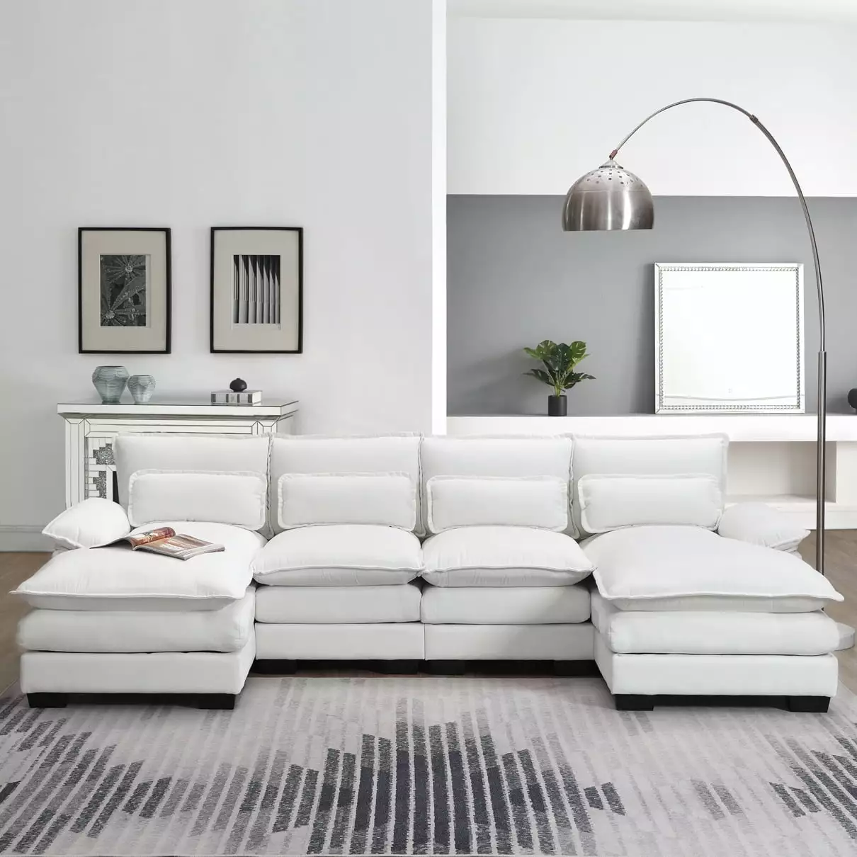 109.8'' Sectional Sofa Couch.U-Shape 6 Seater Sofa Couch with Chaise Lounge and Waist Pillows. Modern Upholstered Couch Set for Apartment Living Room Meeting Room.White