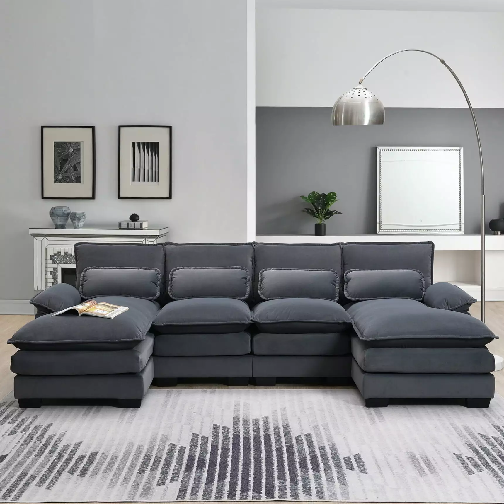 109 Large Modular Sectional Sofa Set. Modern U-Shaped Sleeper Sofa Couch with Waist Pillows. Chaise Lounge. 6-Seater Upholstered Sofa Furniture for Living Room. Bedroom. Office. Apartment. Gray