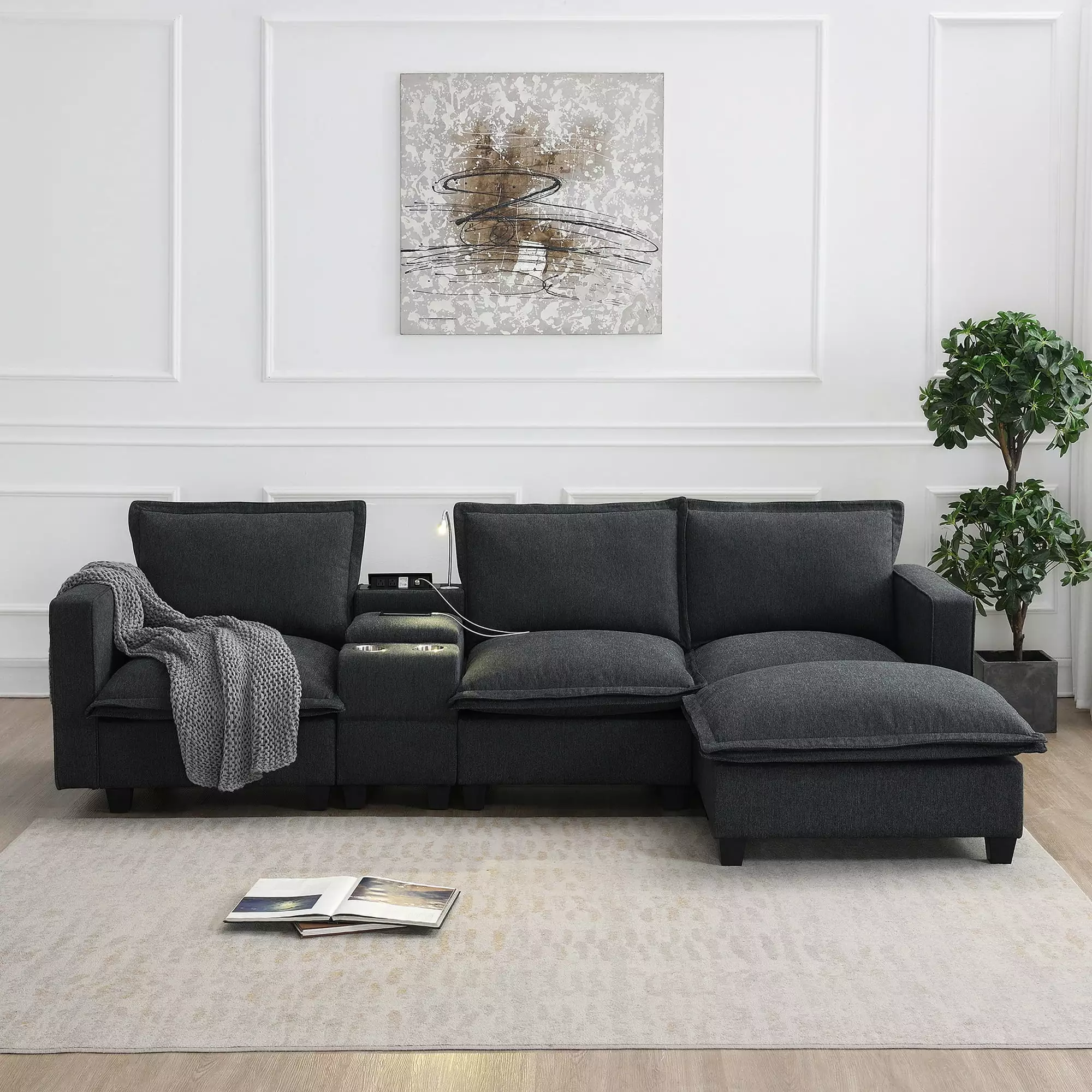 109 Modular Sectional Sofa Couch for Living Room.Modern Comfy L-Shaped Sectional Cloud Couch with Console.Cupholders.Reading Light and USB Ports.Chenille 4 Seat Couch Set with Moveable Ottoman