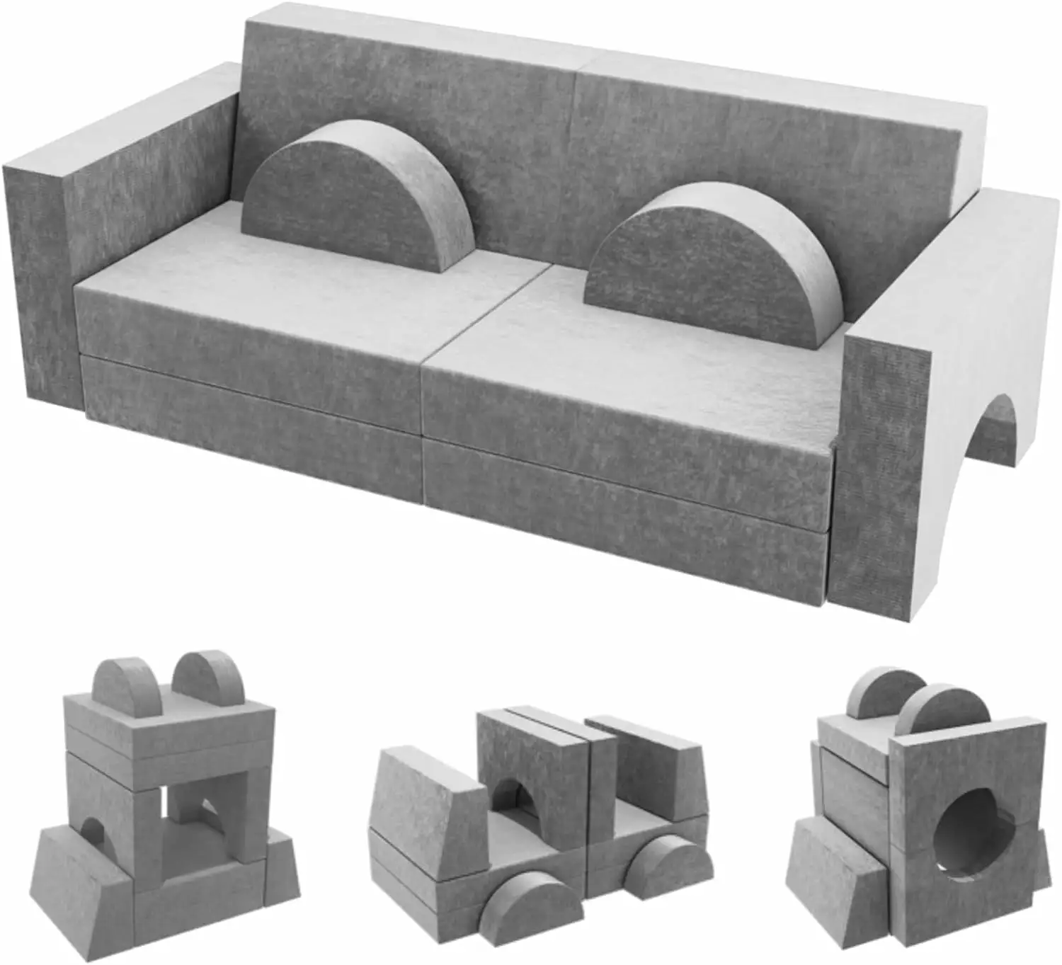 10PCS Modular Kid Play Couch Kids Couch Toddler Couch Modular Couch with 10 Convertible Pieces. Multifunctional Foam Couch for Playroom Bedroom Creative Fun Furniture. Grey