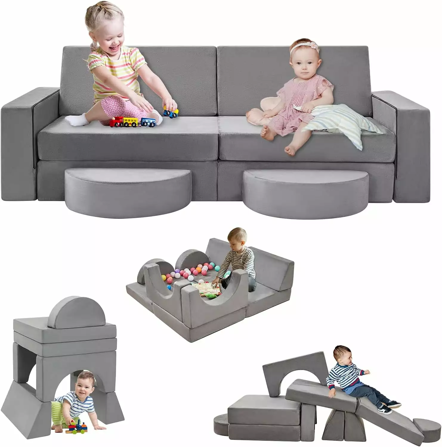 10pcs Modular Kids Play Couch. Play Couch Sofa for Kids. Kids Modular Couch for Bedroom Playroom. Kids Couch Building Fort for Boys and Girls. Grey