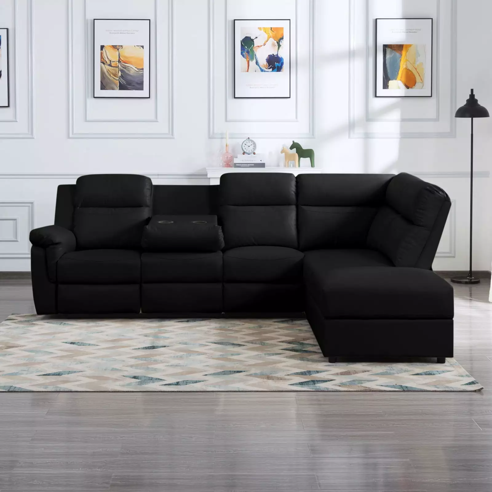 110.2'' Manual Reclining Sectional Sofa. Modern Faux Leather PU Sofa with 2 Cup Holders&Sorage Ottoman.L-Shaped Corner 5 Sofa Couch for Living Room Apartment.Black