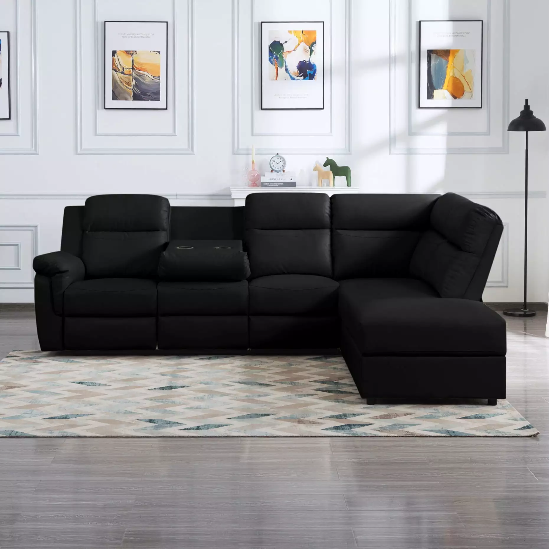 110.2'' Manual Reclining Sectional Sofa. Sofa Set with 2 Cup Holders and Storage Ottoman. PU L-Shaped Corner Reclining Couch with 5 Seater for Living Room. Black