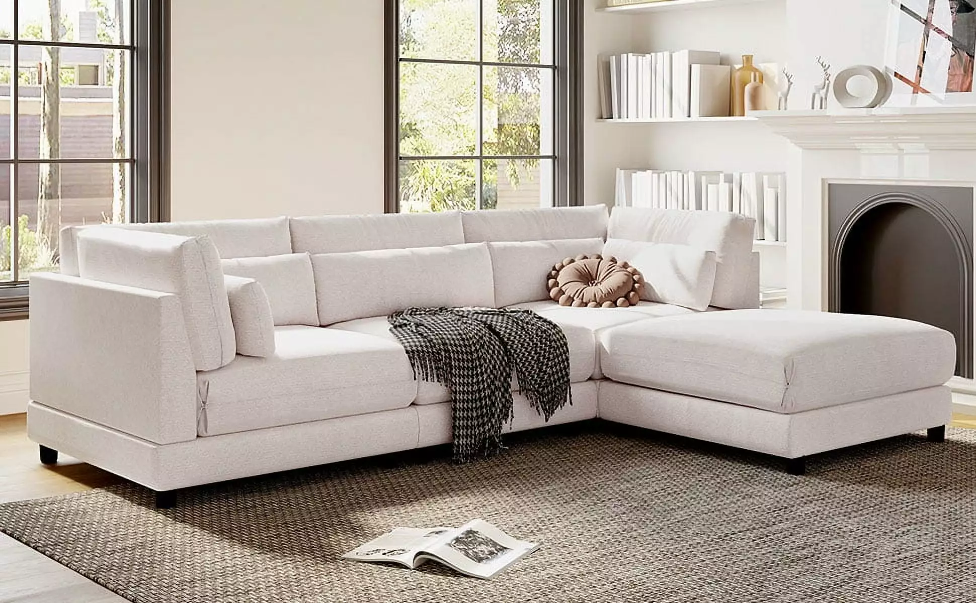 110.6 Modern 2 Pieces L Shaped Sofa Couch with Movable Ottoman and Comfortable Waist Pillows.4 Seat Large Upholstery Sectional Couches for Living Room.Office.Apartment.Beige