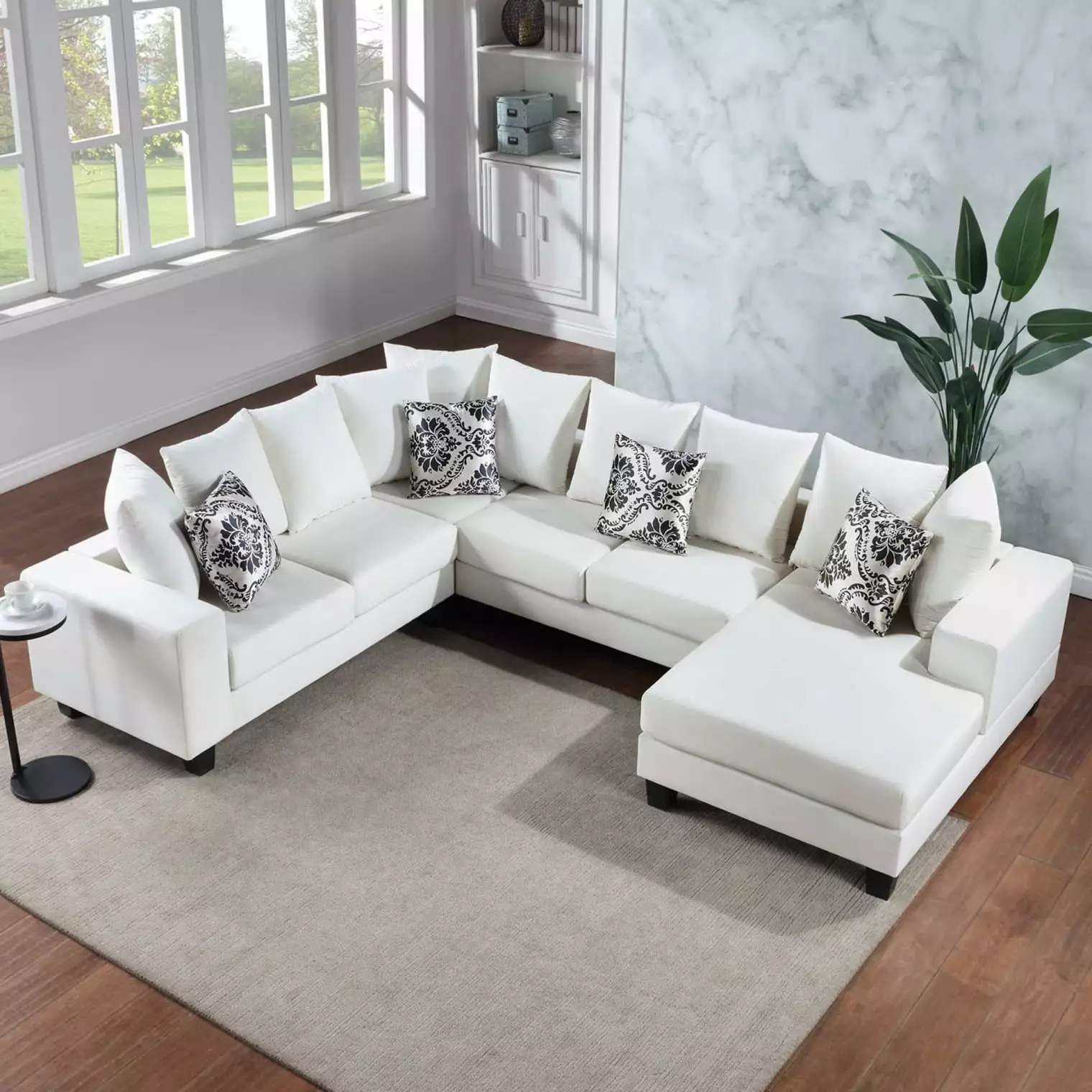 110*85 Modern U Shape Sectional Sofa. Velvet Corner Couch with Lots of Pillows. 6 Seater Sofa with Chaise Lounge. Elegant and Functional Indoor Furniture for Living Room. Apartment. Office. White