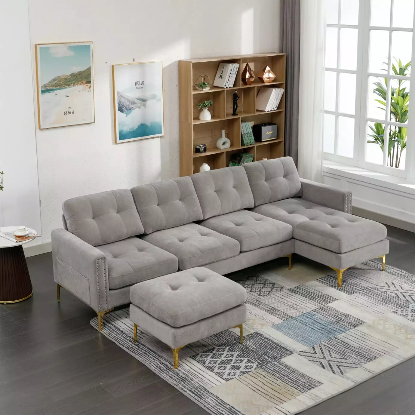 110 L-Shape Convertible Sectional Sofa Couch with Movable Ottoman. Velvet Upholstered Sofa with Side Pocket and Nailhead. Tufted U-Shape Sofa 4 Seat Couch for Living Room Apartment Office. Light Grey