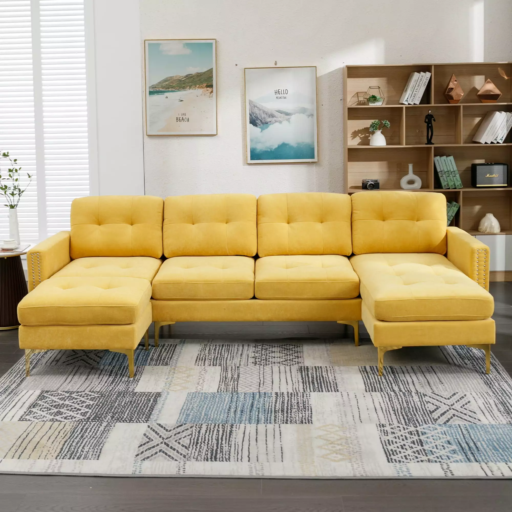 110 L-Shape Convertible Sectional Sofa Couch with Movable Ottoman for Living Room. Apartment. Office. Yellow