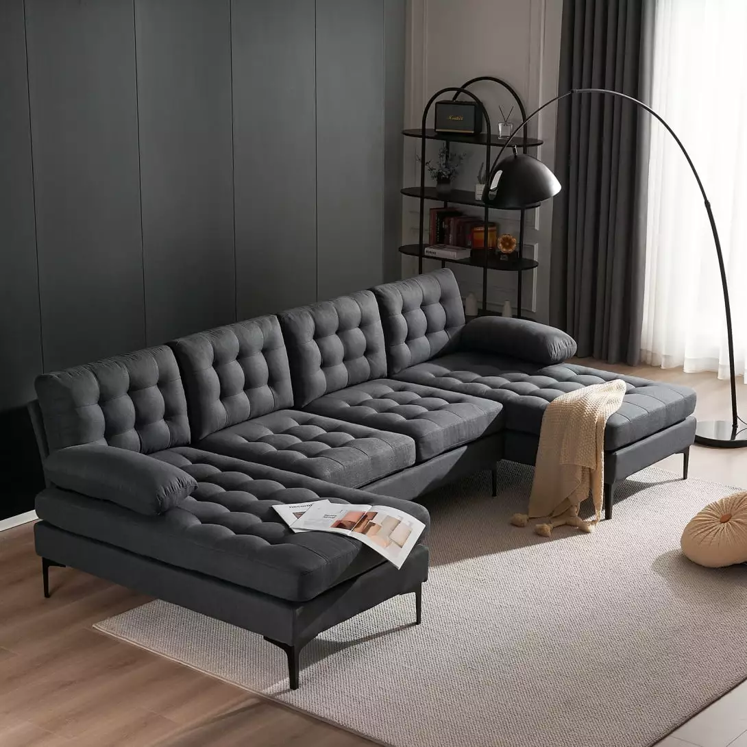 110 Large Modular Sectional Sofa. Modern Luxury U-Shaped Sofa Couch with Black Metal Legs. Indoor Combination Sofa Couches for Living Room. Dark Gray