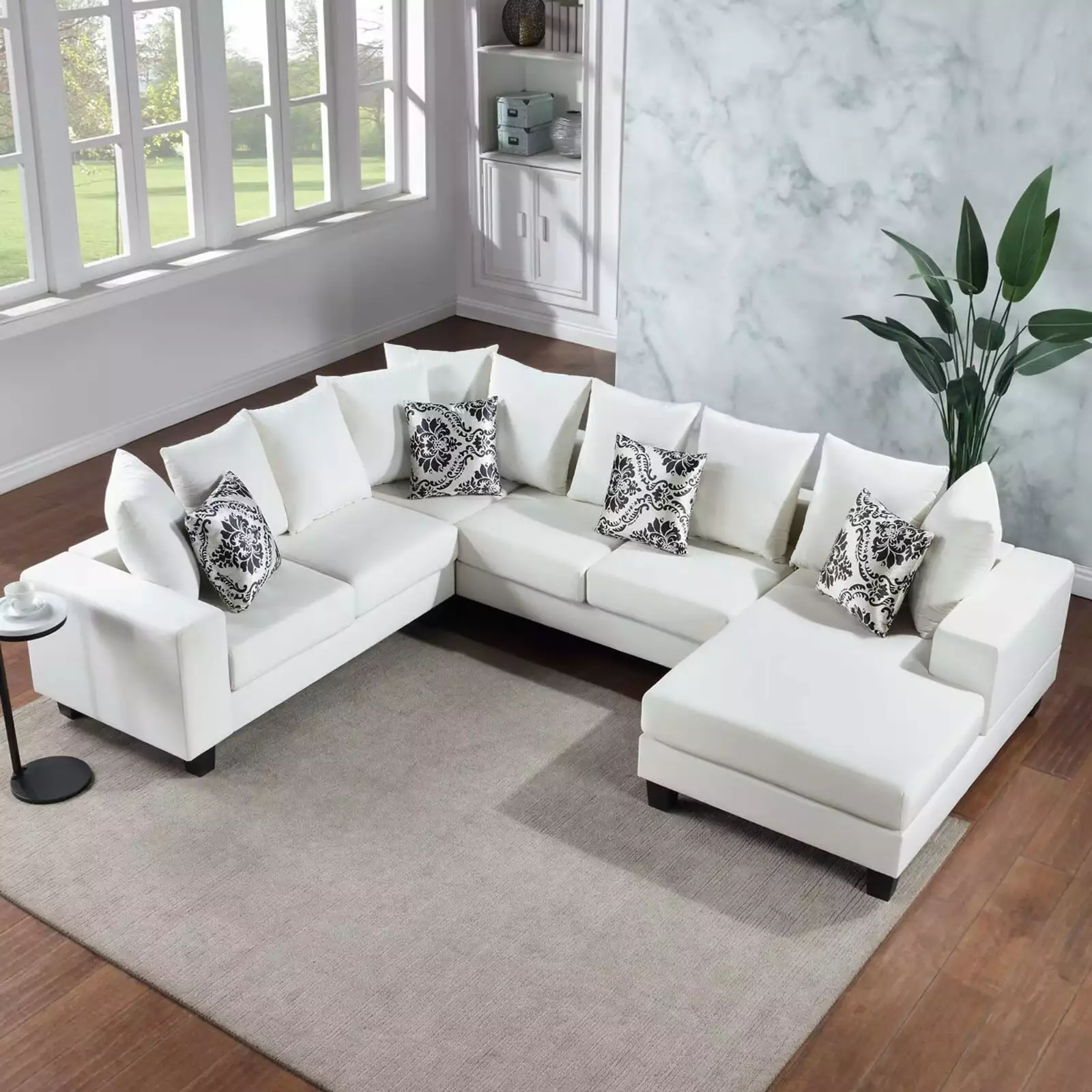 110 Modern U Shape Sectional Sofa. Velvet Corner Couch with Lots of Pillows Included. Elegant and Functional Modular Sectional Couch Indoor Furniture for Living Room Apartment Office. White