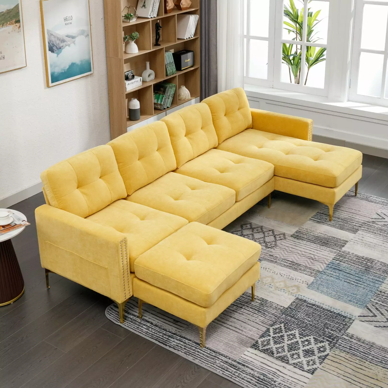 110 Oversized Sectional Sofa. U Shaped Couch with Movable Ottoman and Soft Cushion. Velvet Comfy Couch for Living Room. Yellow