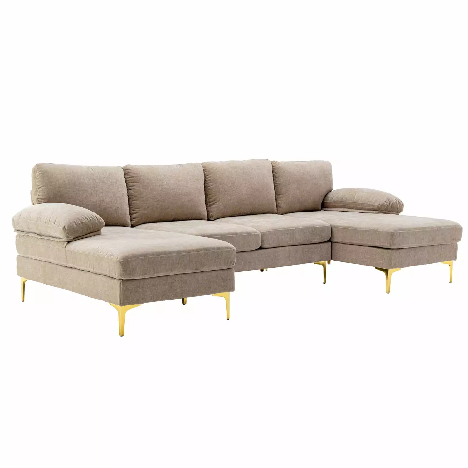 110 U-Shaped Sectional Sofa Couch with Double Chaises. 4 Seat Modular Sofa with Golden Metal Legs & Armrest Pillows for Living Room. Apartment and Office. Camel