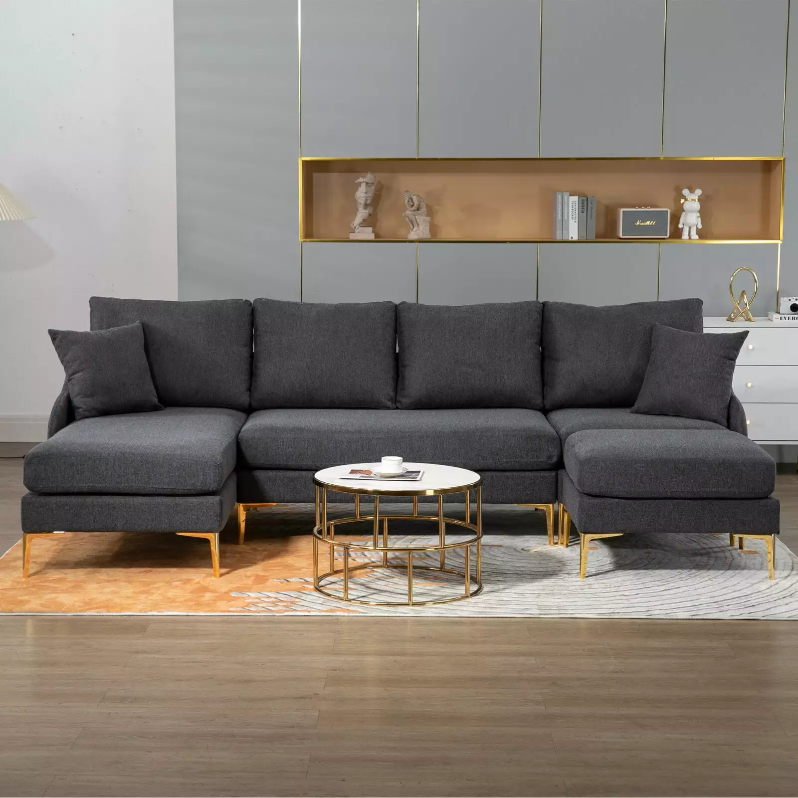 110'' W Sectional Sofa. Reversible Left or Right Chaise of Sectional Sofa. U-Shape Convertible Sofa Couch. Large 4-Seat Couch with Chaise Lounge Upholstered for Living Room. Apartment. Office. Gray