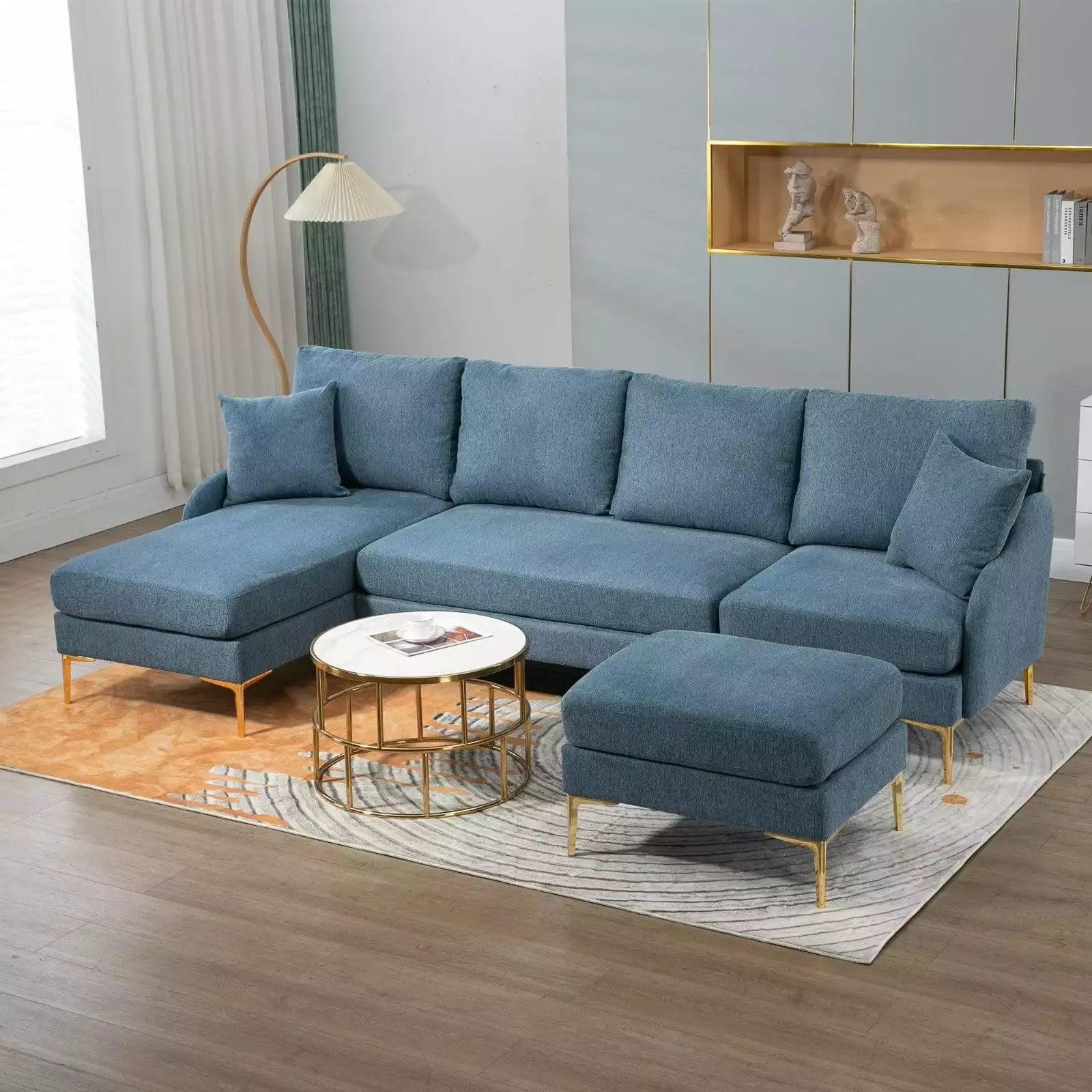 110inch Sectional Sofa for Living Room. U-Shape Convertible Modular Sectional Sofa with 2 Pillows and Metal Legs Support. Modern Upholstered Double Chaise Couches for Apartment Office. Blue