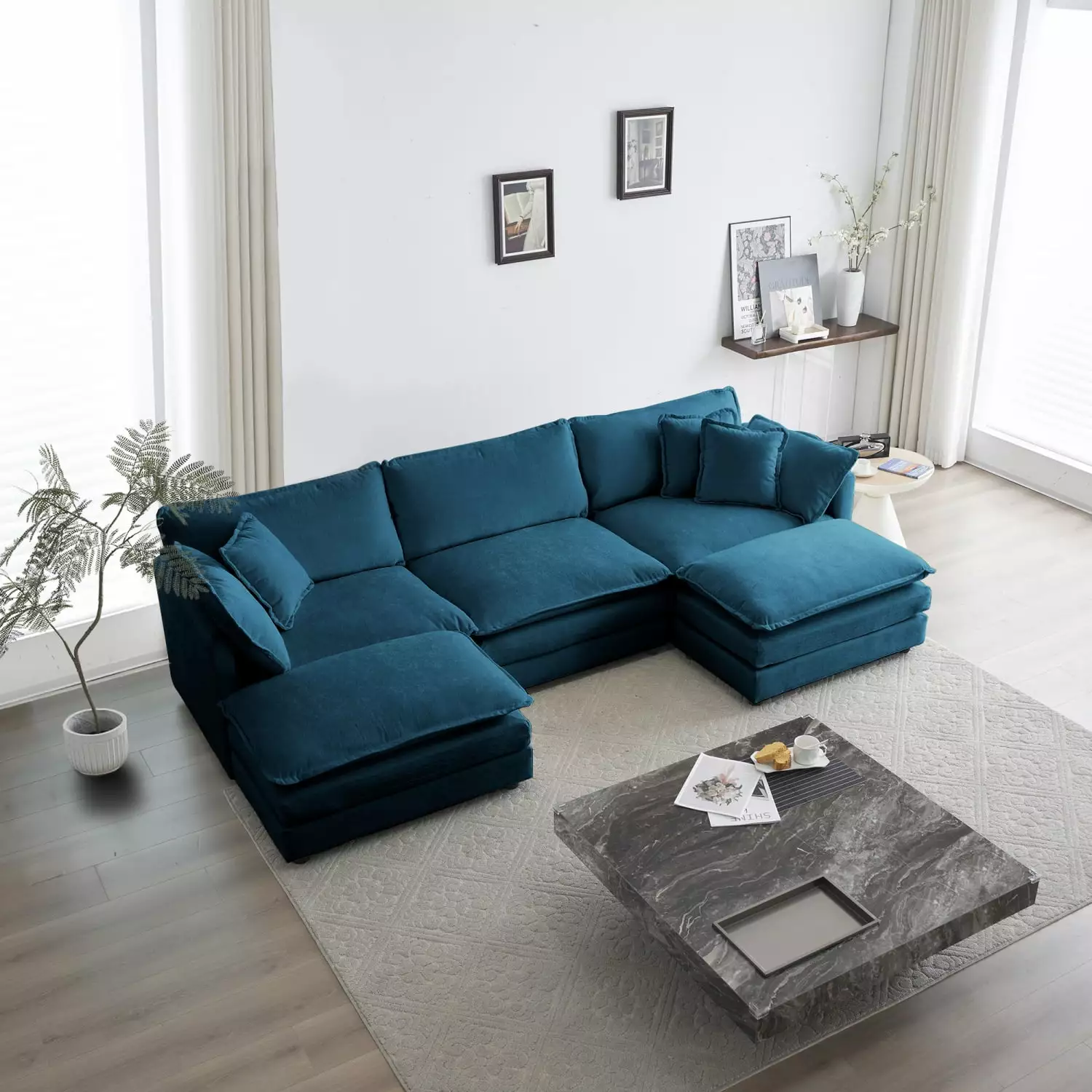 111.42 U-Shaped Section Couch with 2 Ottoman. Chenille 5-Seat Convertible Modular Sofa with Ultra-soft Cushion. Oversized Deep Couch for Living Room. Blue