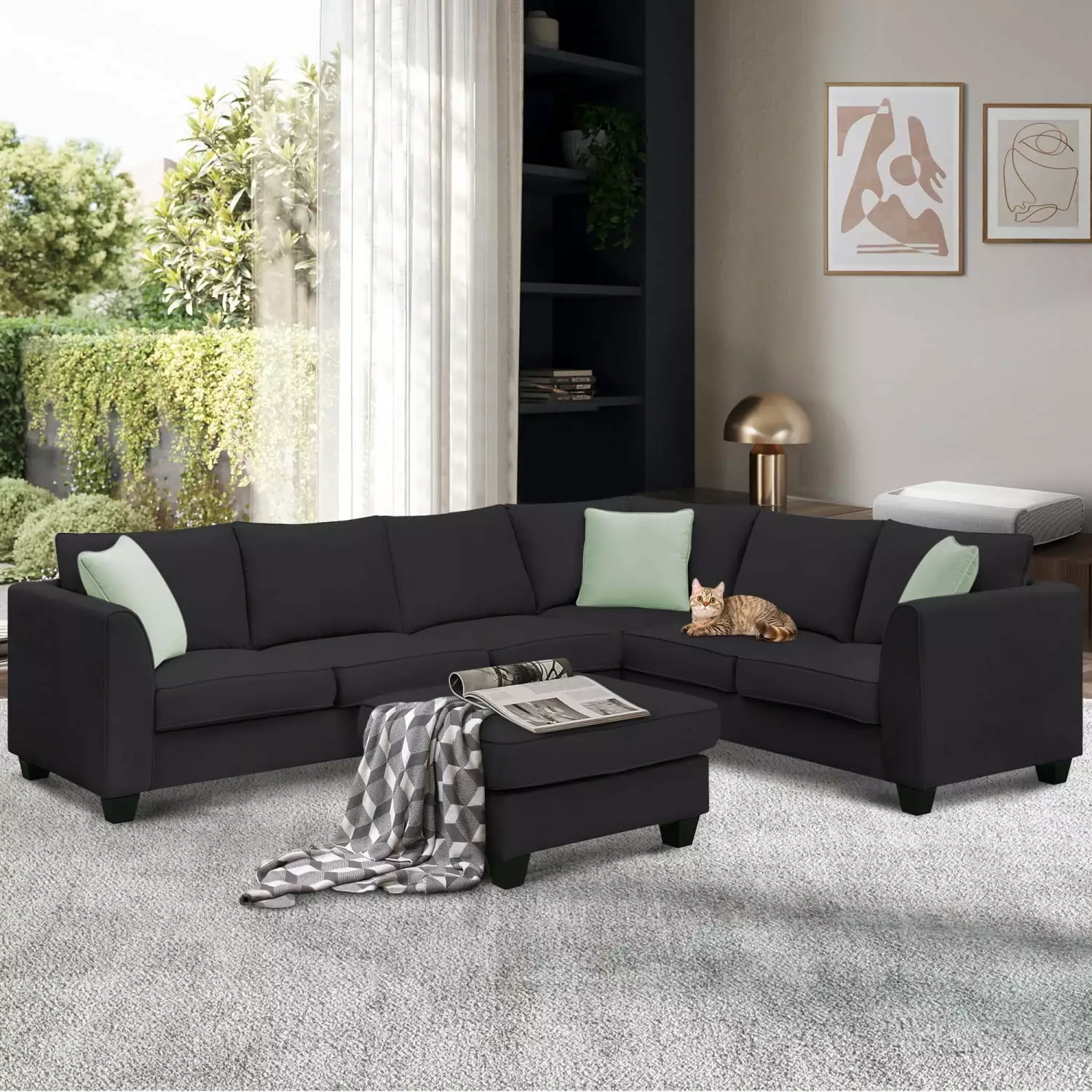 112x87 Sectional Sofa - 7 Seats Modular Sofa with Ottoman - L-Shaped Fabric Couch Set with 3 Pillows - Black