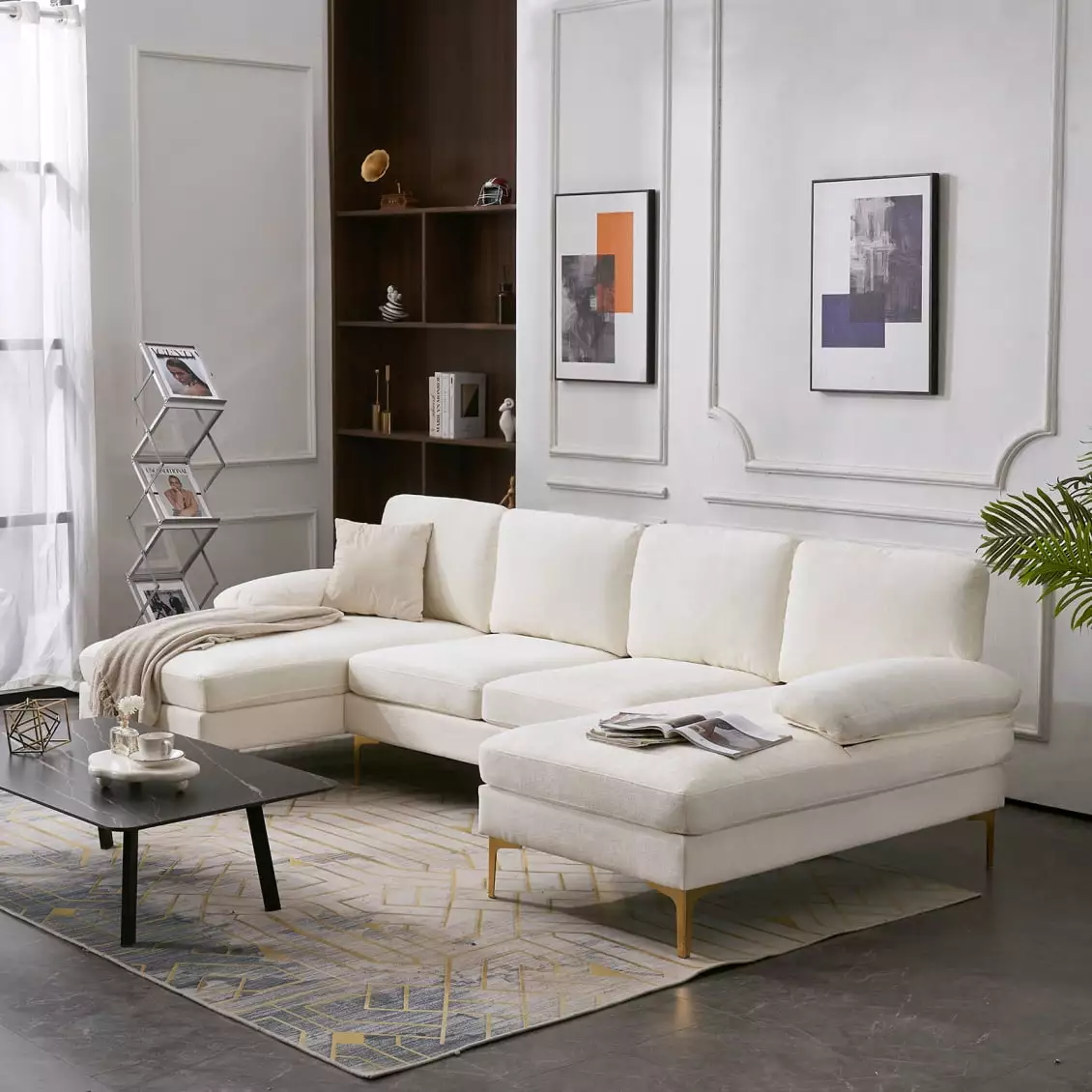 113 U-Shaped Modular Sofa. 4-Seat Chenille Fabric Convertible Sectional Couch with Double Chaise and Golden Metal Legs. Modern Upholstered Sofa Couch for Living Room Apartment Office. White