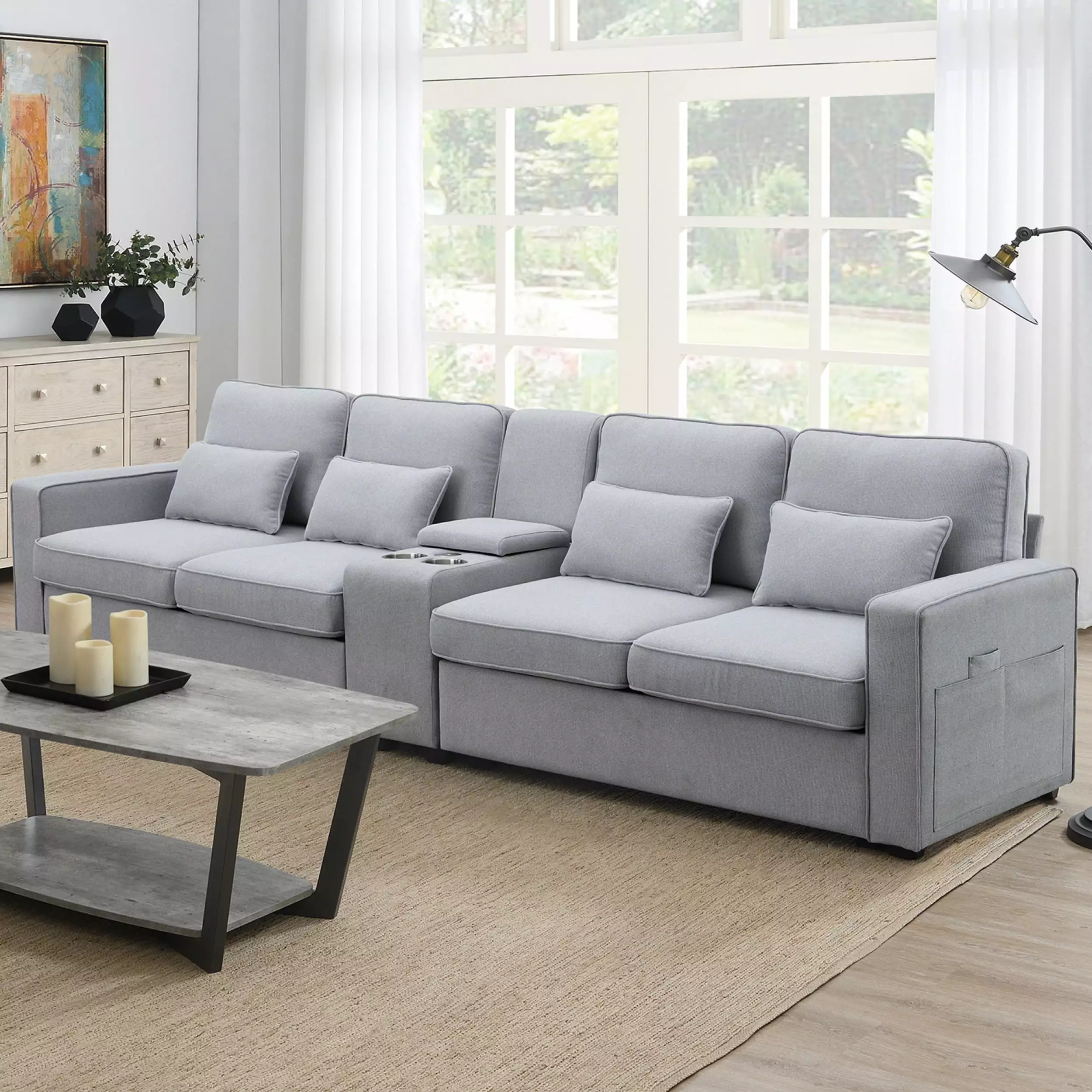 114.2 Upholstered Sofa with Console. 2 Cupholders and 2 USB Ports Wired or Wirelessly Charged. Modern Linen Fabric Couches with 4 Pillows for Living Room. Apartment (4-Seat) 86AAE